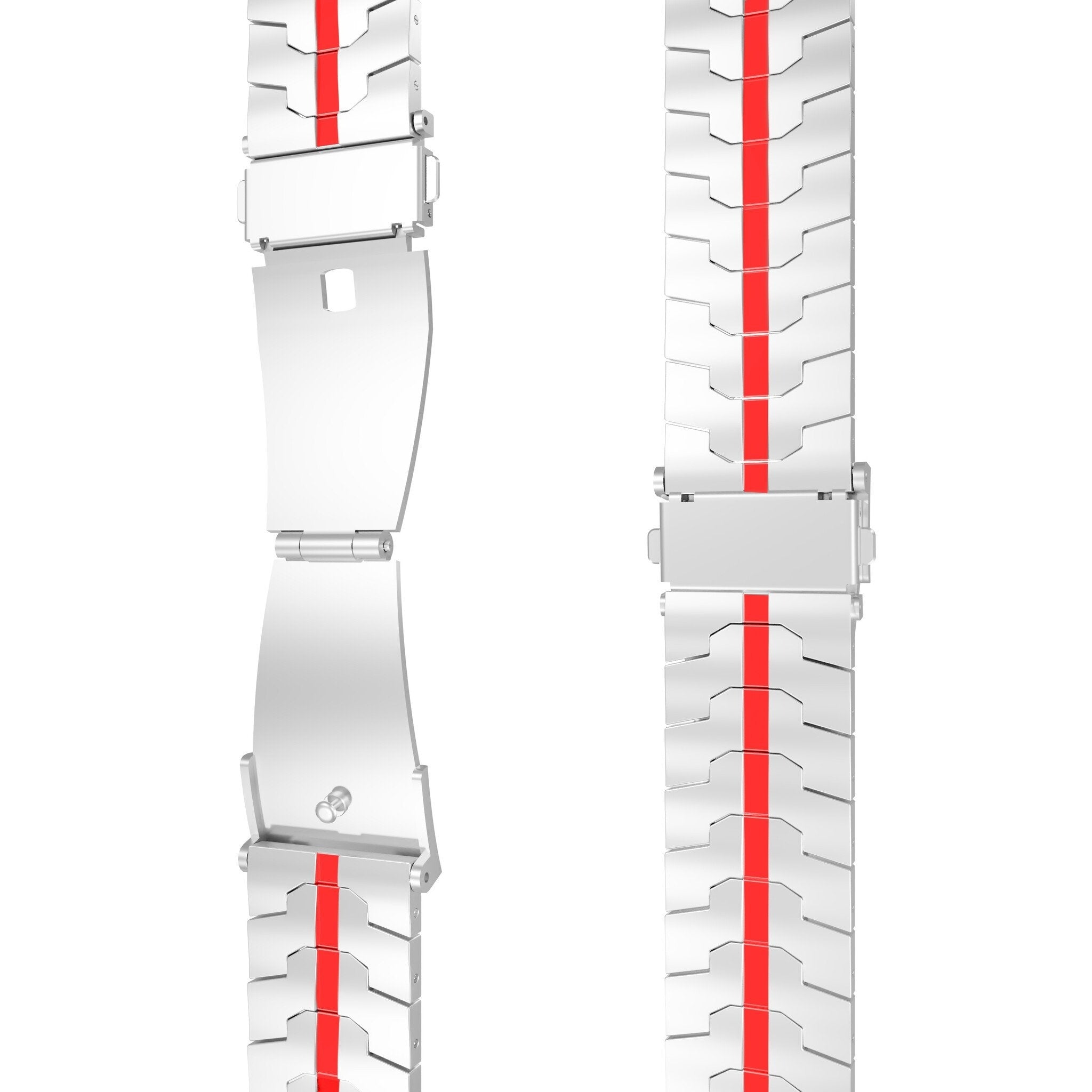 Zwei silberne Uhrenarmbänder mit roten Mittelstreifen. Eines ist abgenommen, das andere geschlossen.