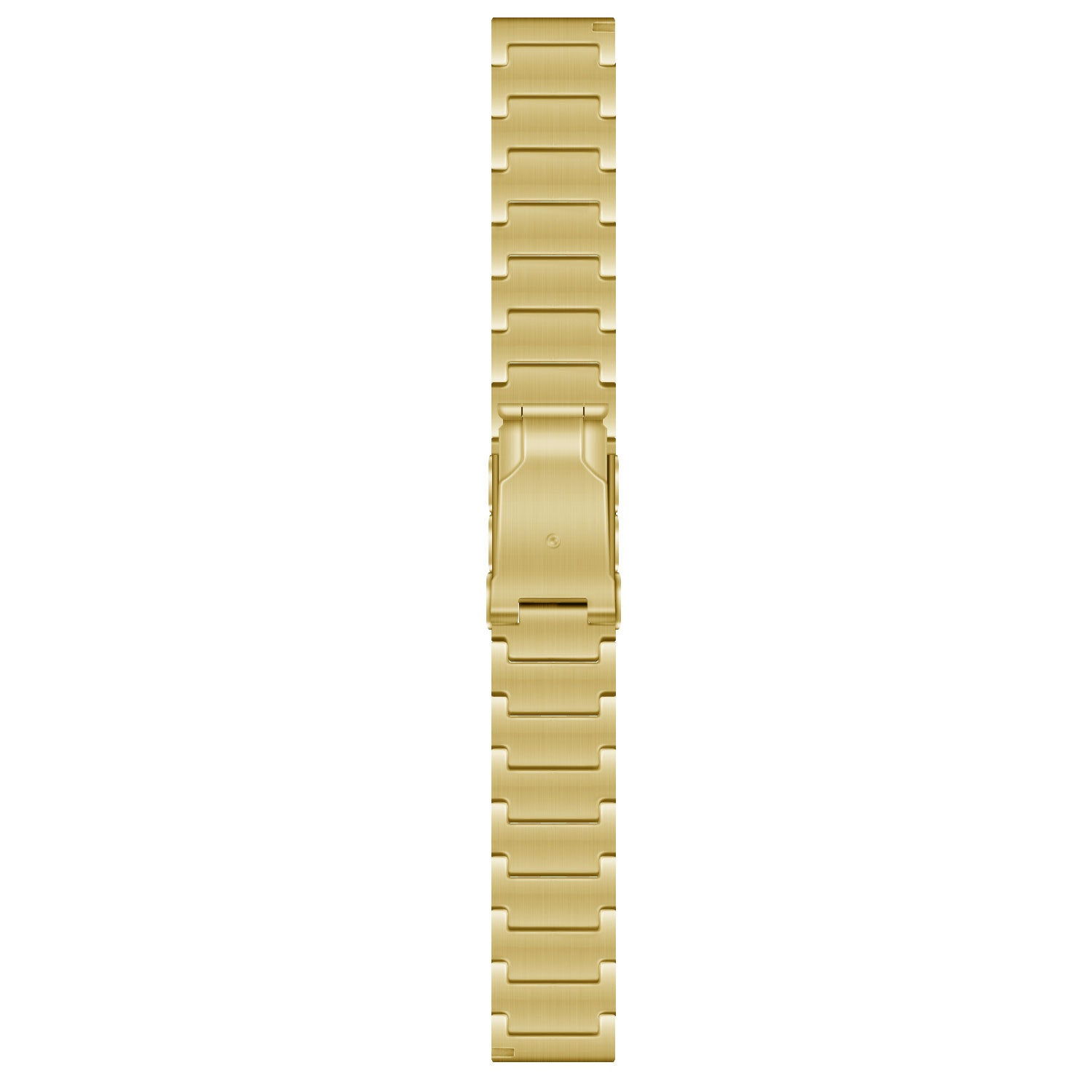 Ein goldenes Uhrenarmband ist auf weißem Hintergrund zentriert. Das Armband besteht aus rechteckigen Gliedern und hat in der Mitte einen Verschluss.