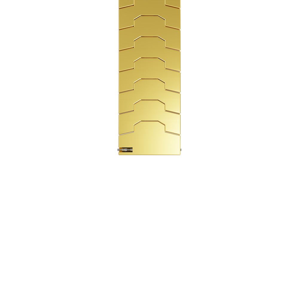Ein vertikales goldenes Metallobjekt, möglicherweise ein dekoratives Element. Es hat eine Reihe von rechteckigen Segmenten mit einem einzigartigen, geometrischen Design.