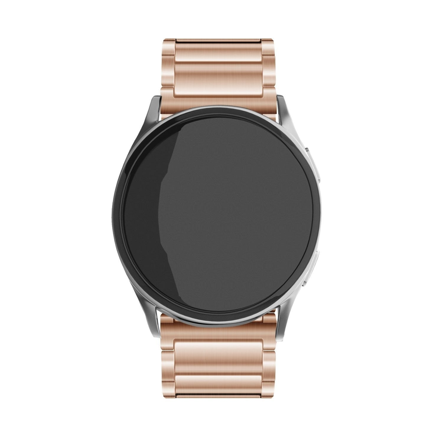 Eine roségoldene Smartwatch mit schwarzem Bildschirm und Metallarmband, vor weißem Hintergrund zentriert. Die Uhr ist neu.