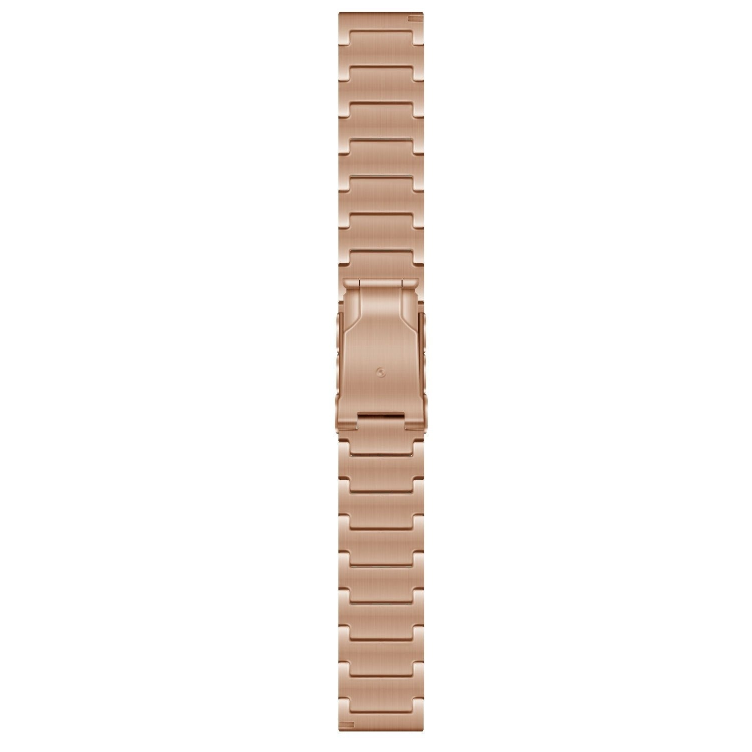 Ein roségoldenes Uhrenarmband liegt vertikal vor einem weißen Hintergrund. Das Band besteht aus verbundenen rechteckigen Gliedern und hat eine Schließe.