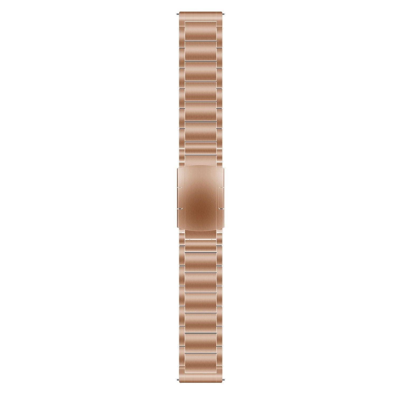 Roségoldfarbenes Metall-Armband flach auf weißem Hintergrund, mit einer Schließe in der Mitte.