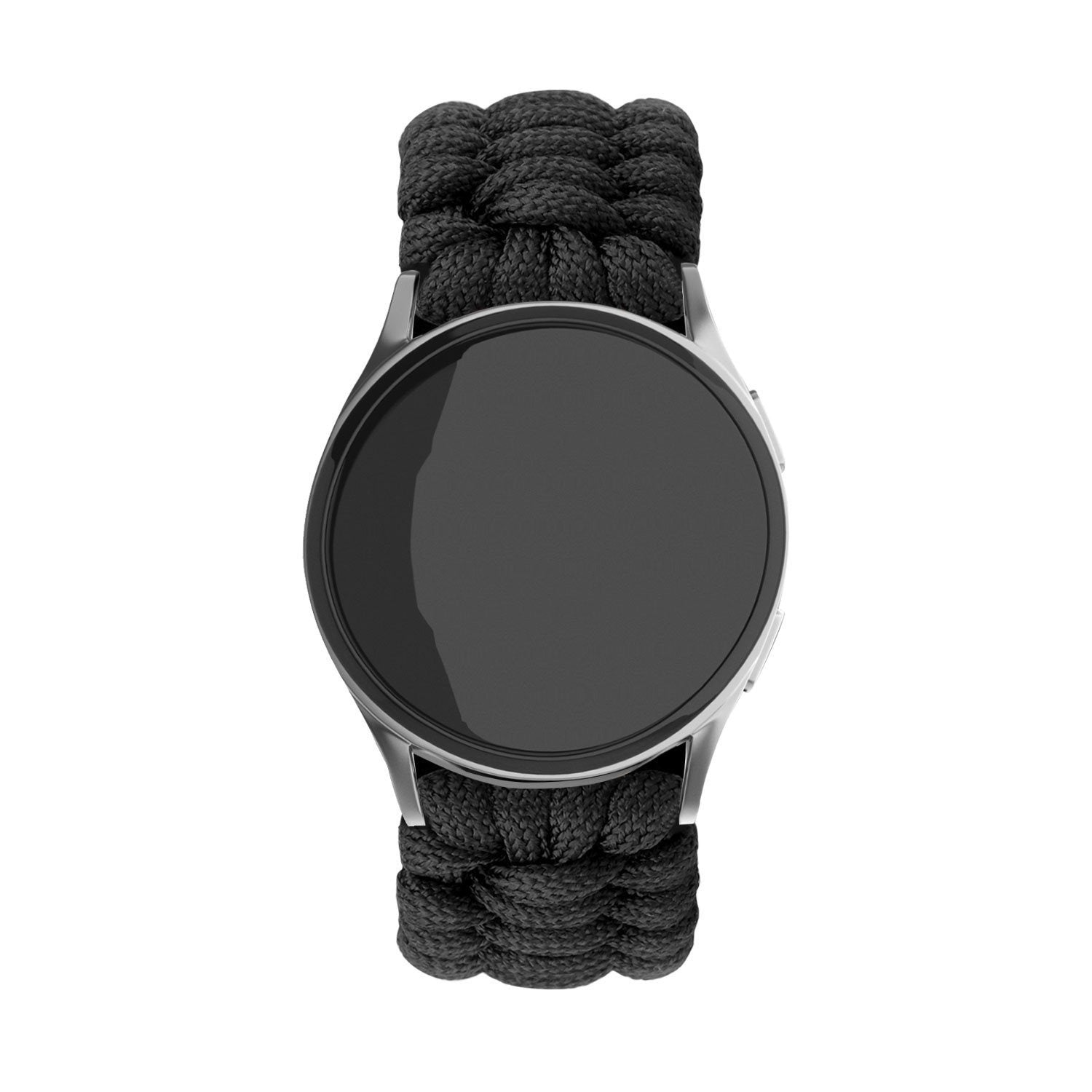 Eine silberne Smartwatch mit schwarzem Bildschirm und schwarzem geflochtenem Armband auf weißem Hintergrund.