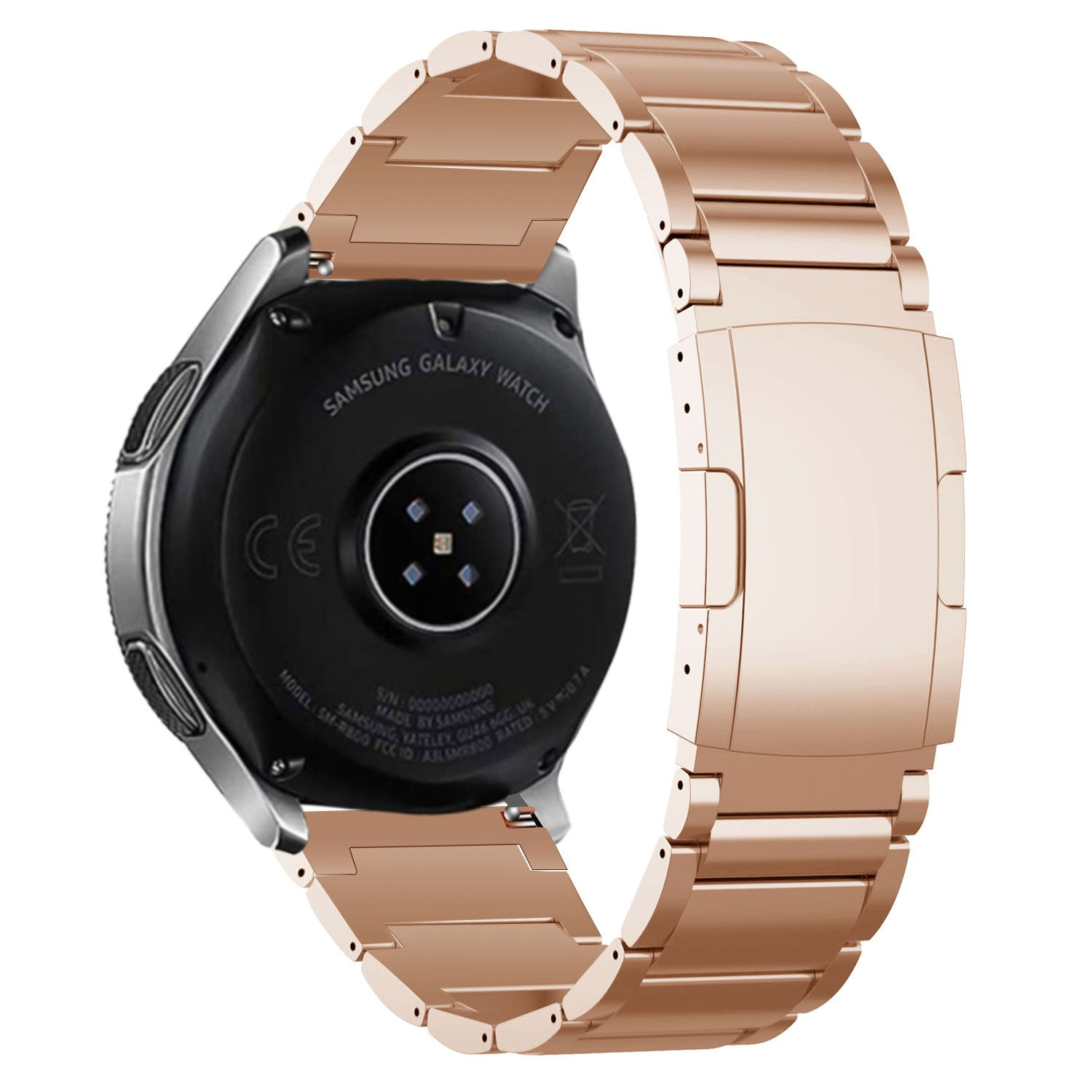 Roségoldene Samsung Galaxy Uhr mit Metallarmband. Die Rückseite der Uhr ist schwarz. Das Armband ist offen.