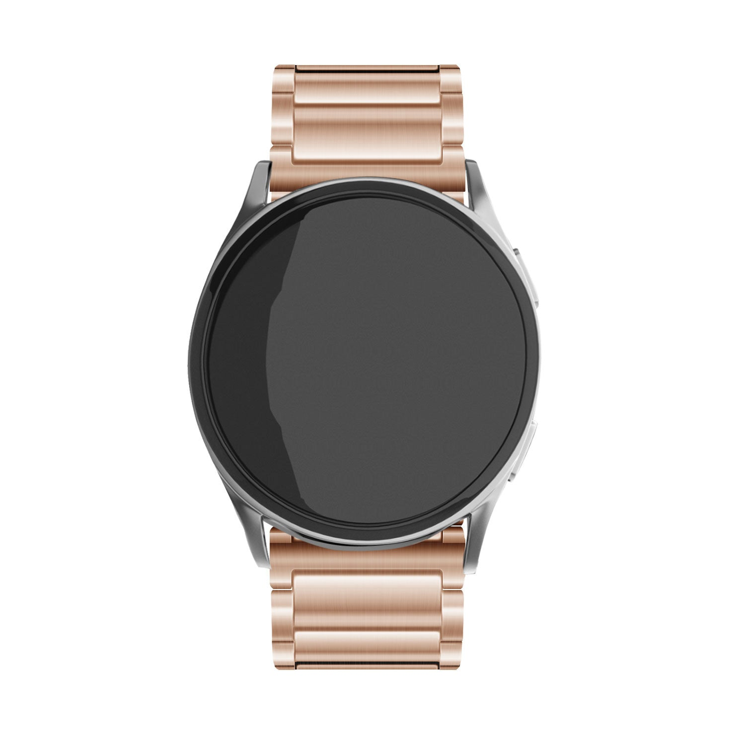 Roségoldene Smartwatch mit schwarzem Bildschirm. Sie hat ein Metallarmband und ein silbernes Gehäuse. Die Uhr ist freigestellt.