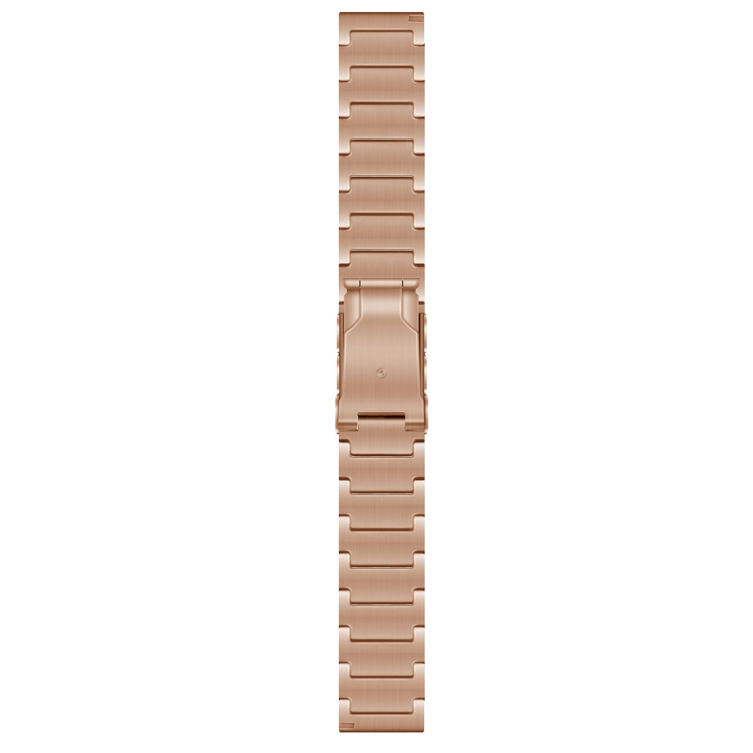 Ein roségoldenes Uhrenarmband liegt vertikal vor einem weißen Hintergrund. Das Band hat einen Faltverschluss und ein Kettendesign. Es ist neu.