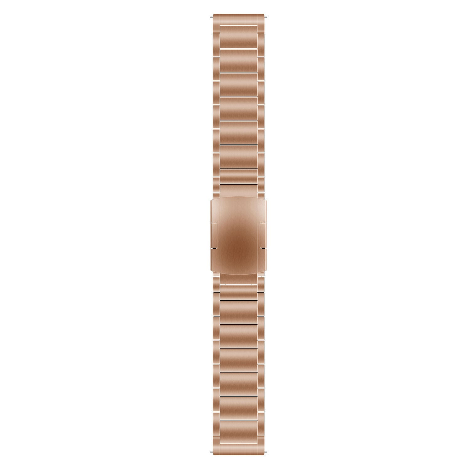 Ein roségoldenes Uhrenarmband, vollständig ausgezogen, liegt mittig auf weißem Hintergrund. Das Band besteht aus Metallgliedern.