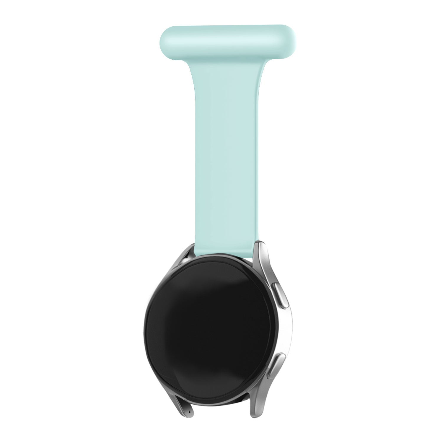 Eine silberne Smartwatch mit schwarzem Bildschirm ist an einem hellblauen Band befestigt. Der Hintergrund ist weiß.