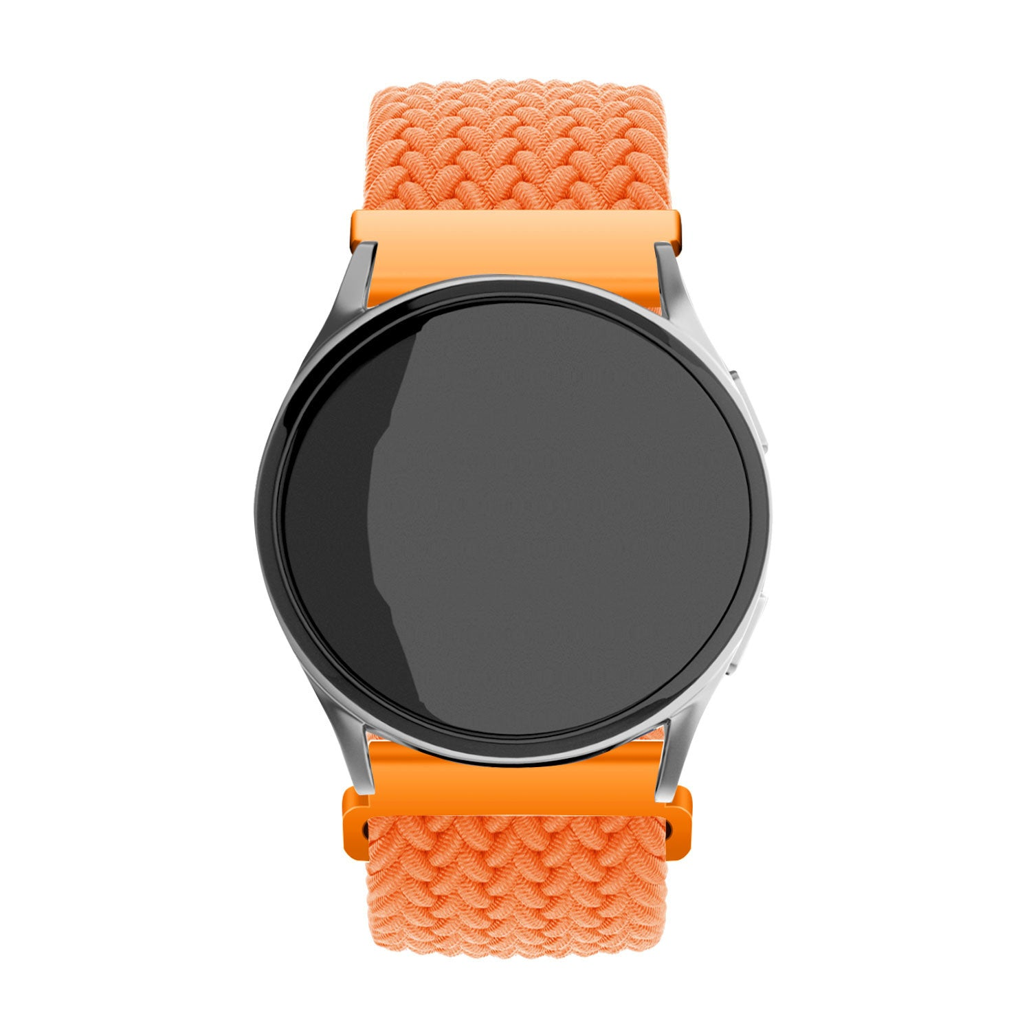 Eine Smartwatch mit schwarzem Bildschirm, silbernem Rahmen und orangefarbenen Bändern. Die Bänder sind strukturiert. Die Uhr ist zentriert.
