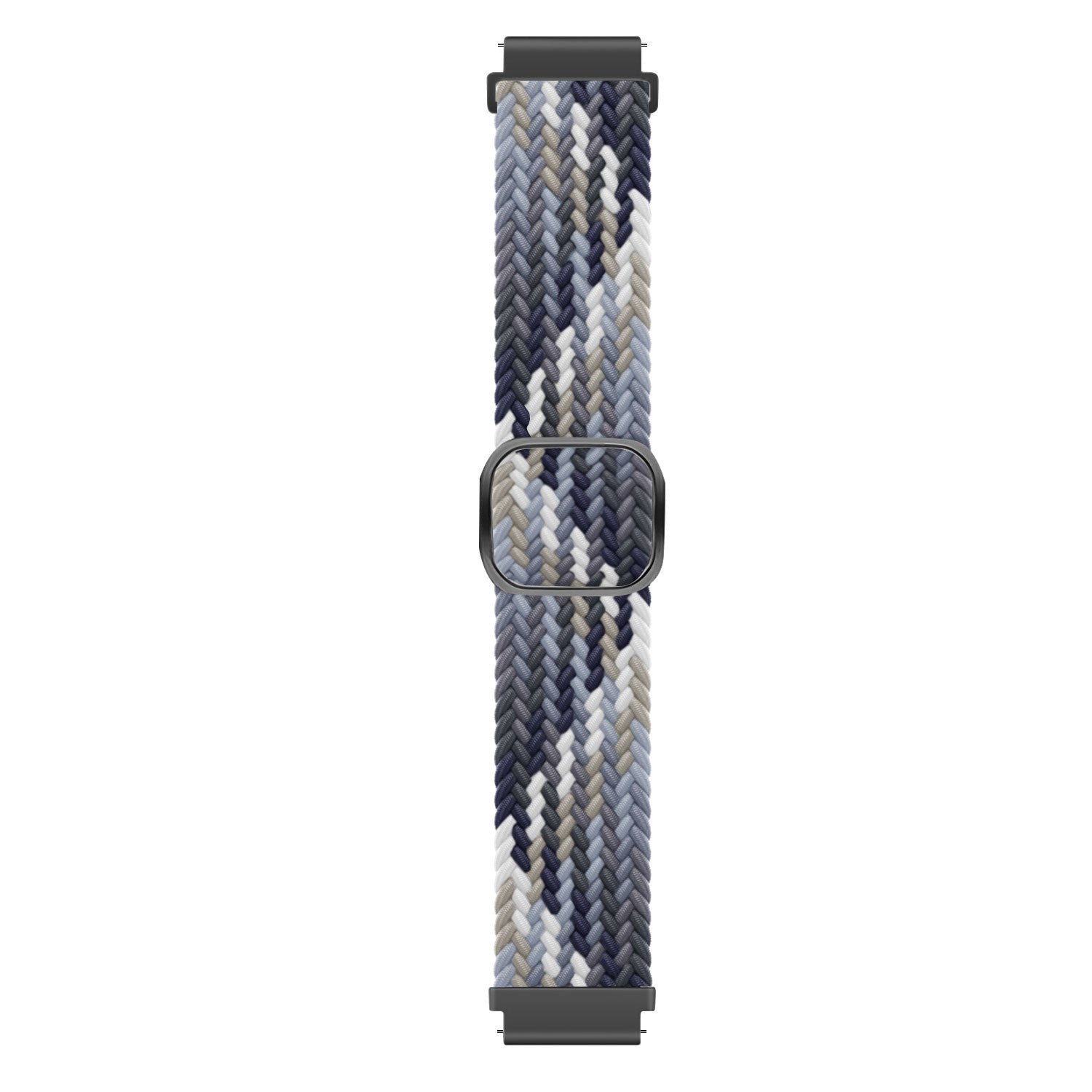 Geflochtenes Uhrenarmband. Farben sind Grau, Blau, Weiß. Dunkelgraue Metallverbinder und Schnalle. Weißer Hintergrund.