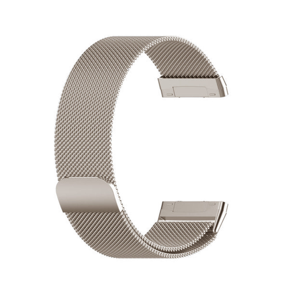 Ein silbernes Mesh-Uhrenarmband vor weißem Hintergrund. Das Band ist gebogen, mit zwei sichtbaren Verschlussenden.