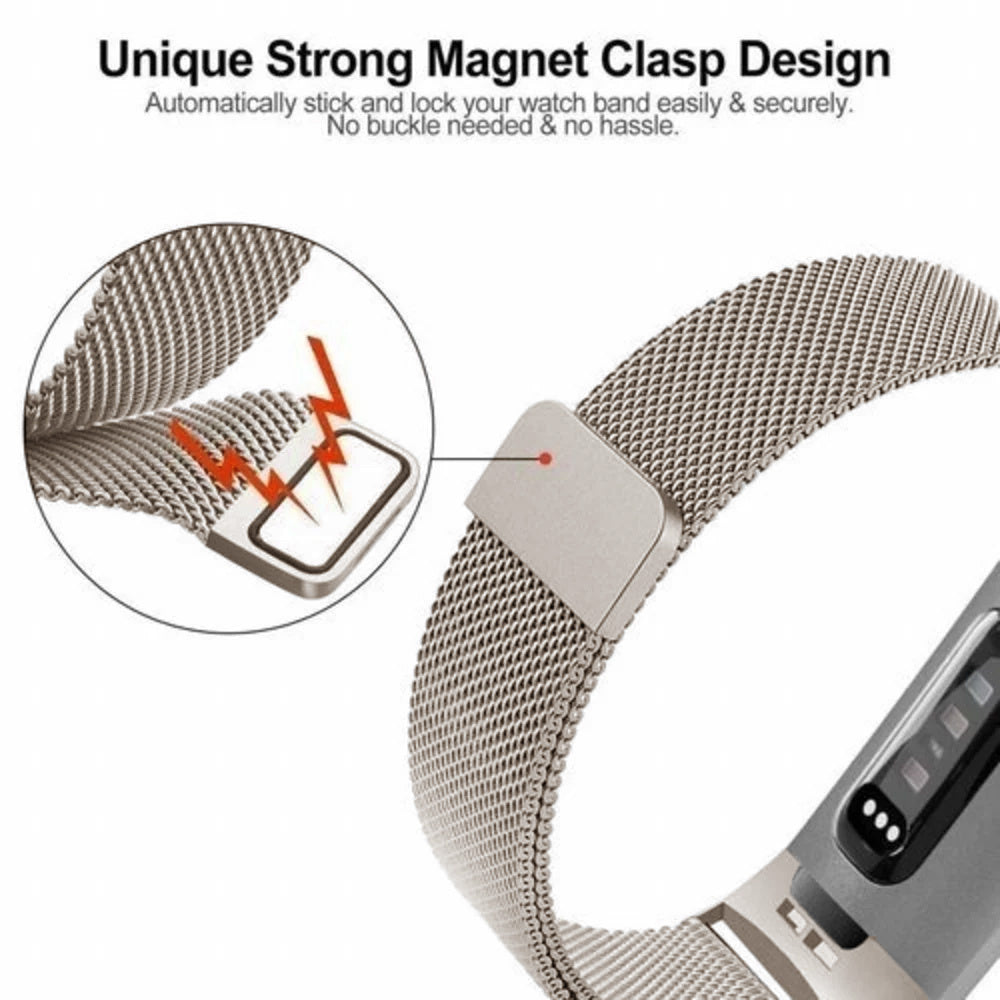 Nahaufnahme eines Uhrenarmbands mit Magnetverschluss. Ein Kreis zeigt das Detail des Verschlusses. Das Armband ist silberfarben, mit Text zum Design.