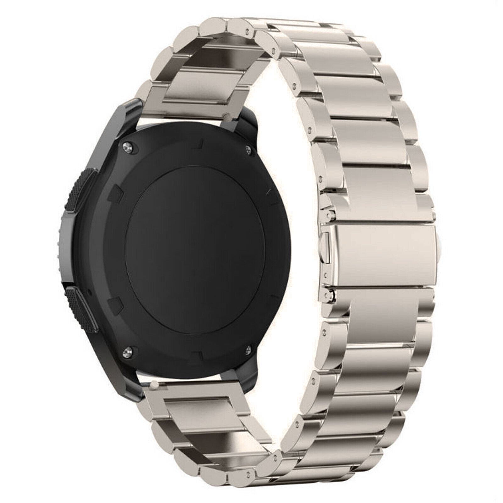 Eine schwarze Smartwatch mit silbernem Metallarmband wird vor weißem Hintergrund angezeigt. Die Uhr ist nach links abgewinkelt.