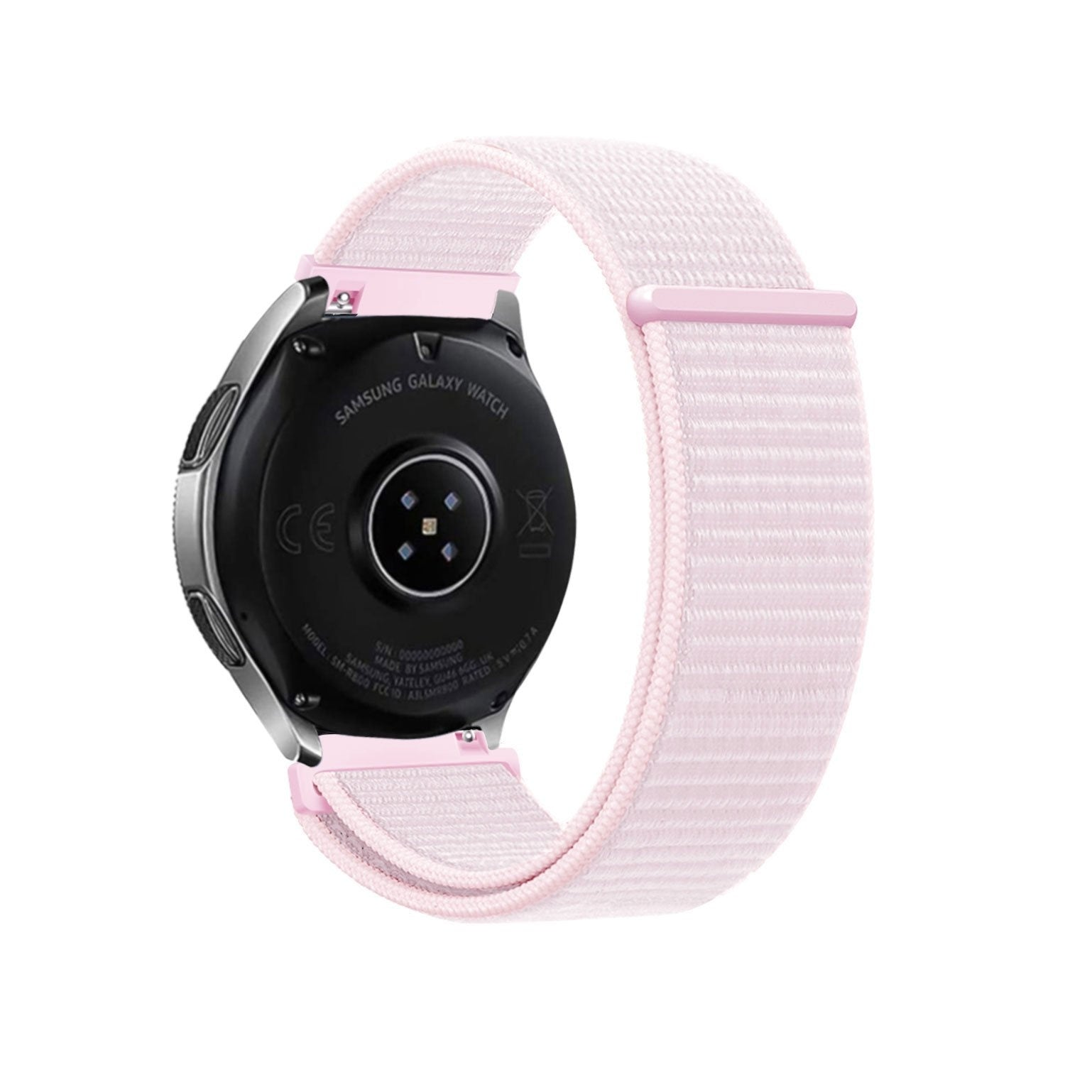 Samsung Galaxy Watch mit rosa Stoffarmband. Die Uhr ist schwarz mit silbernen Kanten. Das Armband ist hellrosa.