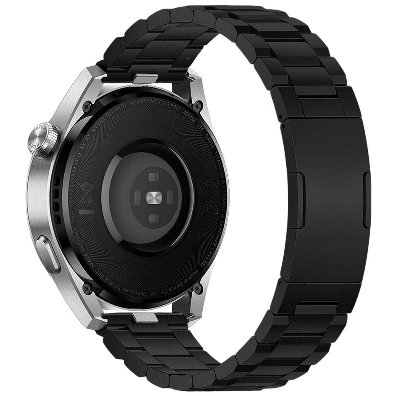 Eine silberne Huawei Watch 3 Pro mit einem schwarzen Metallarmband. Die Rückseite der Uhr zeigt Text, das Armband ist gebogen.