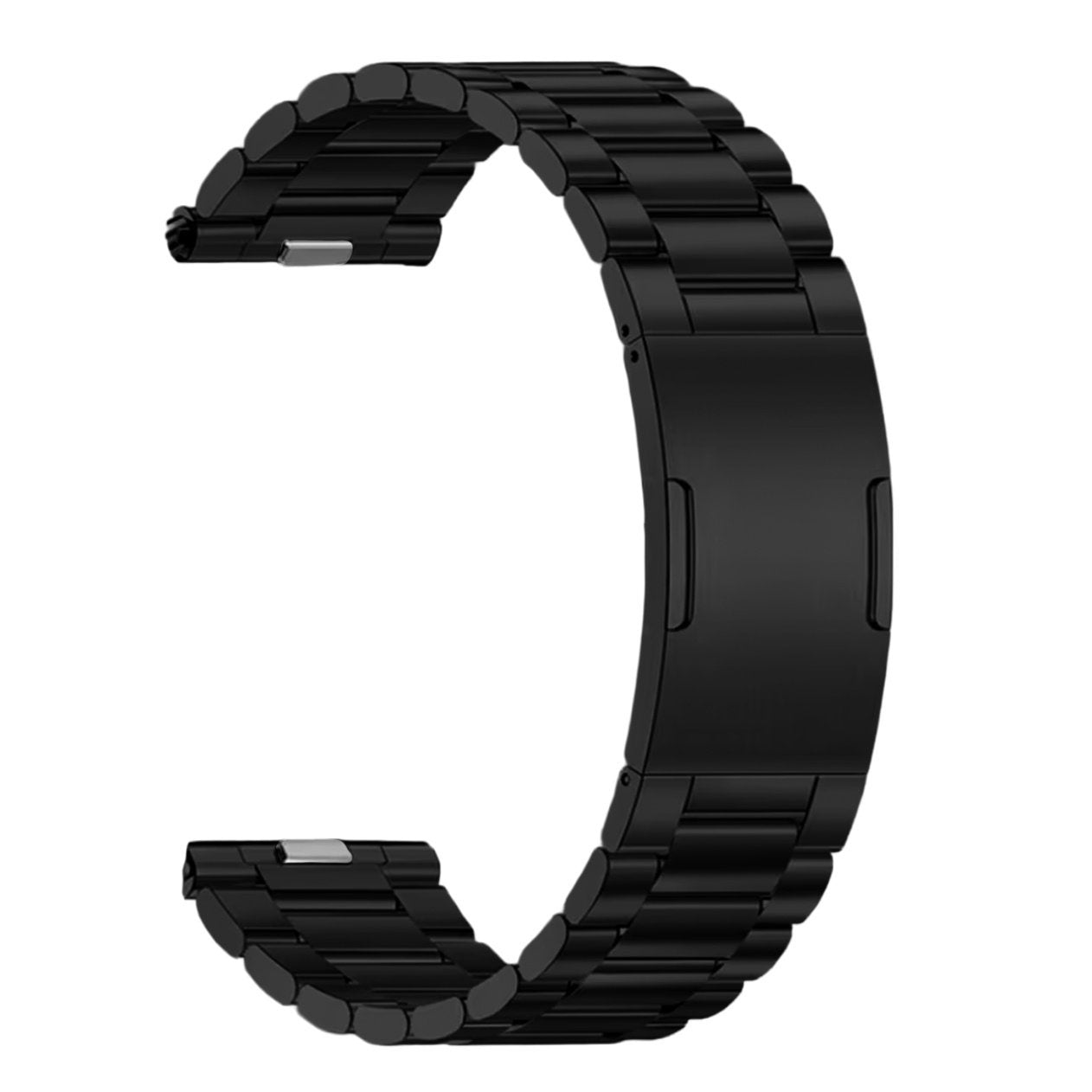 Ein schwarzes Armband in C-Form. Das Band besteht aus verbundenen Metallgliedern. Der Verschluss ist auf der rechten Seite sichtbar.