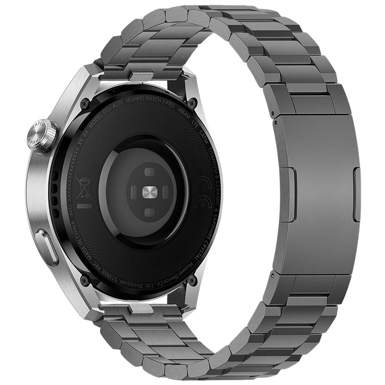 Eine silberne Huawei Watch 3 Pro mit grauem Metallarmband wird gezeigt. Die Rückseite der Uhr ist schwarz mit Text.
