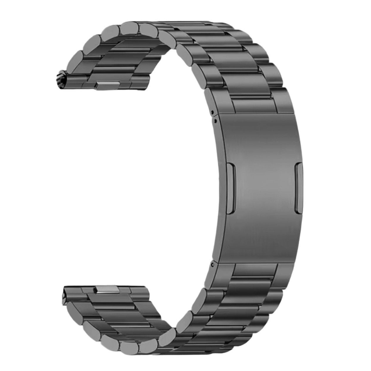 Ein dunkelgraues Uhrenarmband aus verbundenen Metallgliedern wird vor einem weißen Hintergrund gezeigt. Das Band ist C-förmig gebogen.