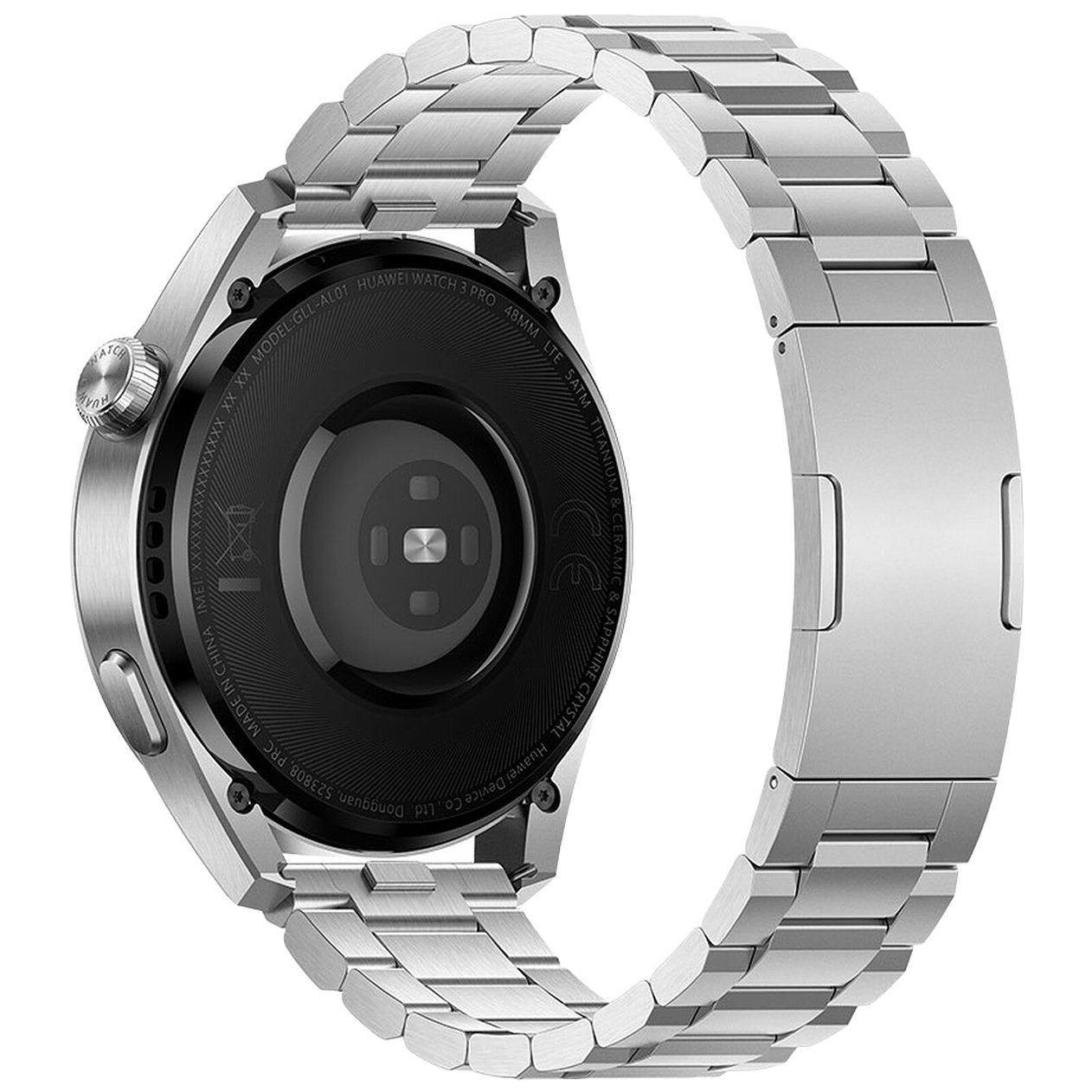 Eine silberne Huawei Watch 3 Pro mit Metallarmband wird angezeigt. Das Zifferblatt ist schwarz, die Rückseite zeigt Details.