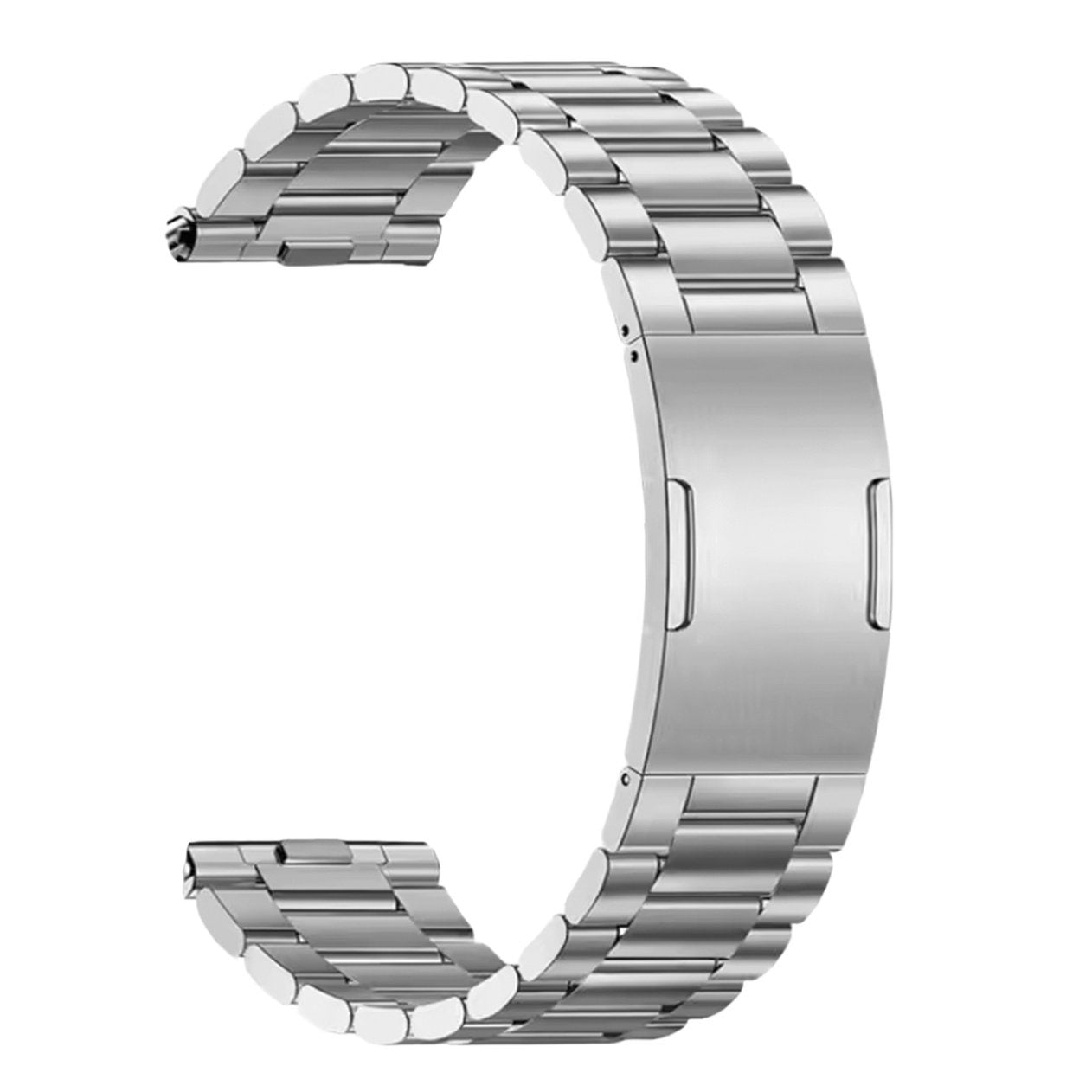 Ein silbernes Uhrenarmband in C-Form. Es hat einen rechteckigen Verschluss in der Mitte und besteht aus kleinen rechteckigen Gliedern.