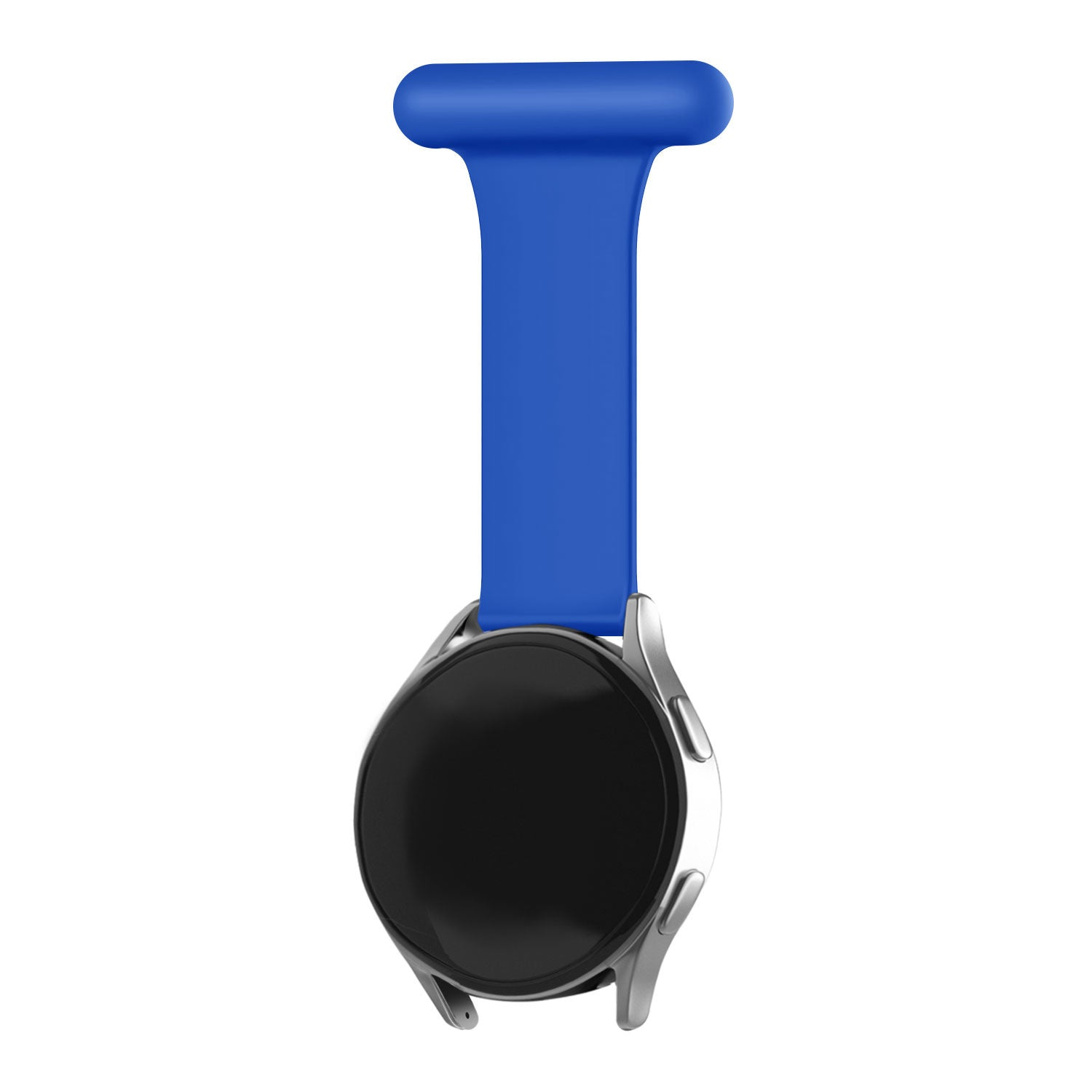 Eine blaue tragbare Uhr mit schwarzem Bildschirm. Die Uhr ist an einem blauen Armband befestigt.