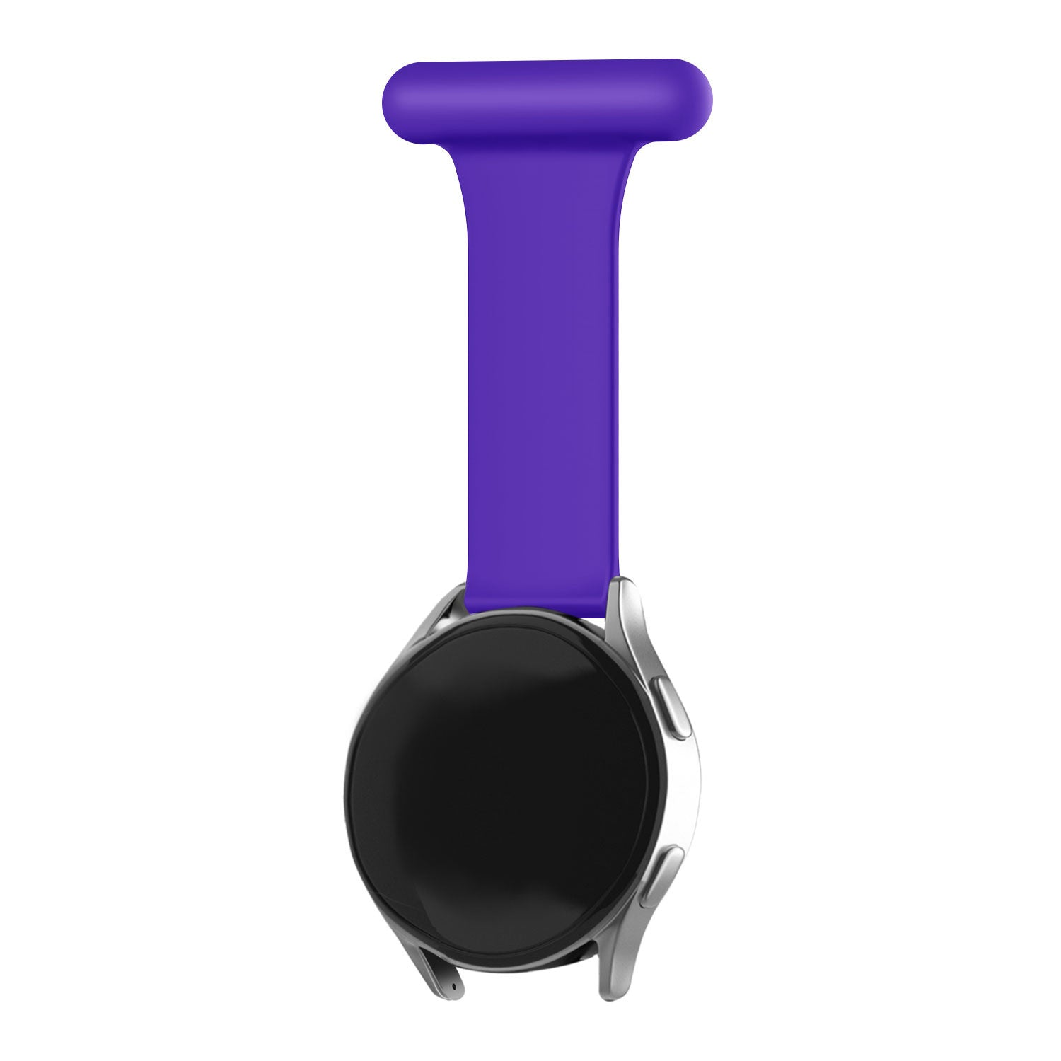 Eine Smartwatch mit schwarzem Bildschirm, silbernem Rahmen und lila Armband wird vor weißem Hintergrund gezeigt.