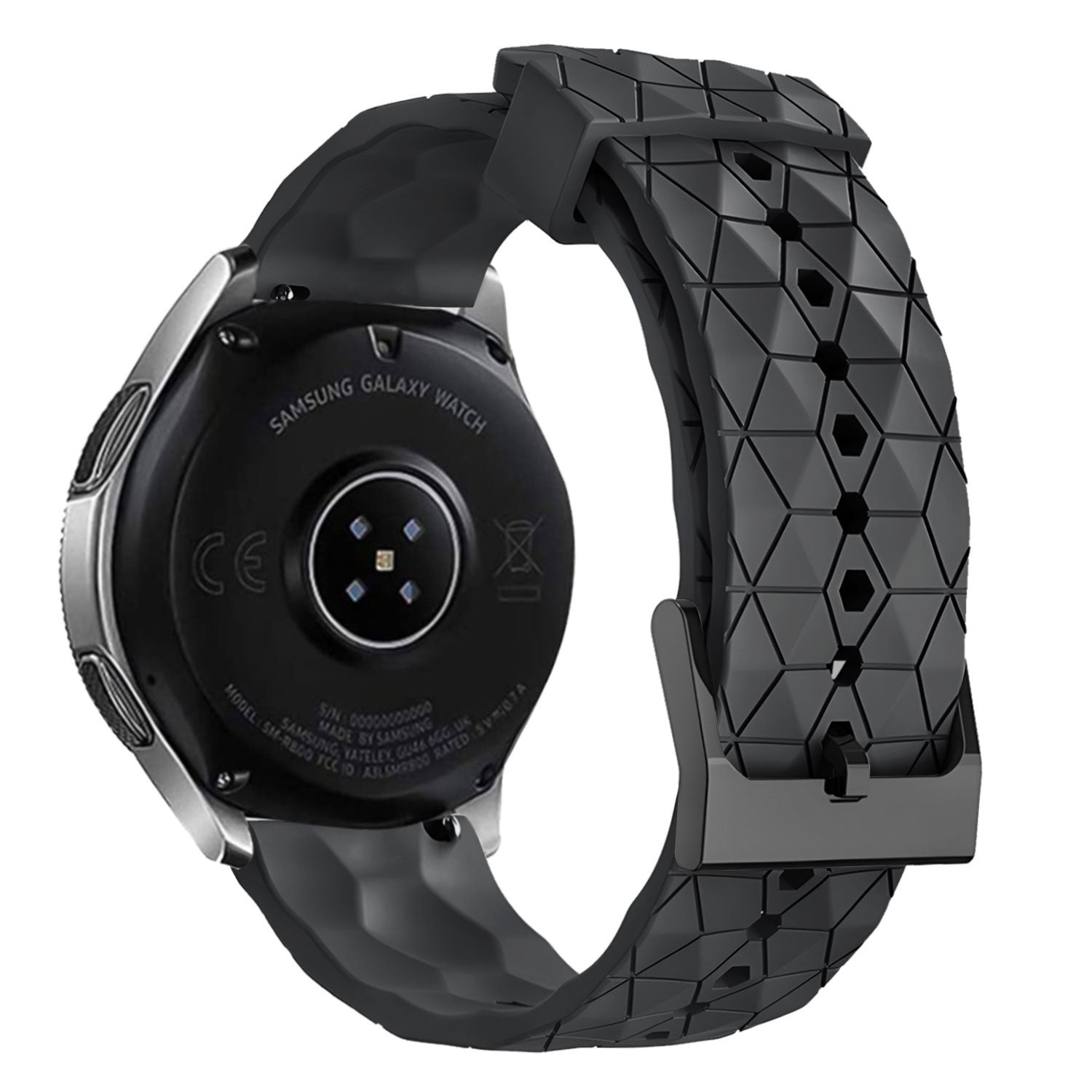 Schwarze Samsung Galaxy Watch mit schwarzem Armband, mit geometrischem Muster. Die Uhr ist von hinten zu sehen, mit Details und Branding.