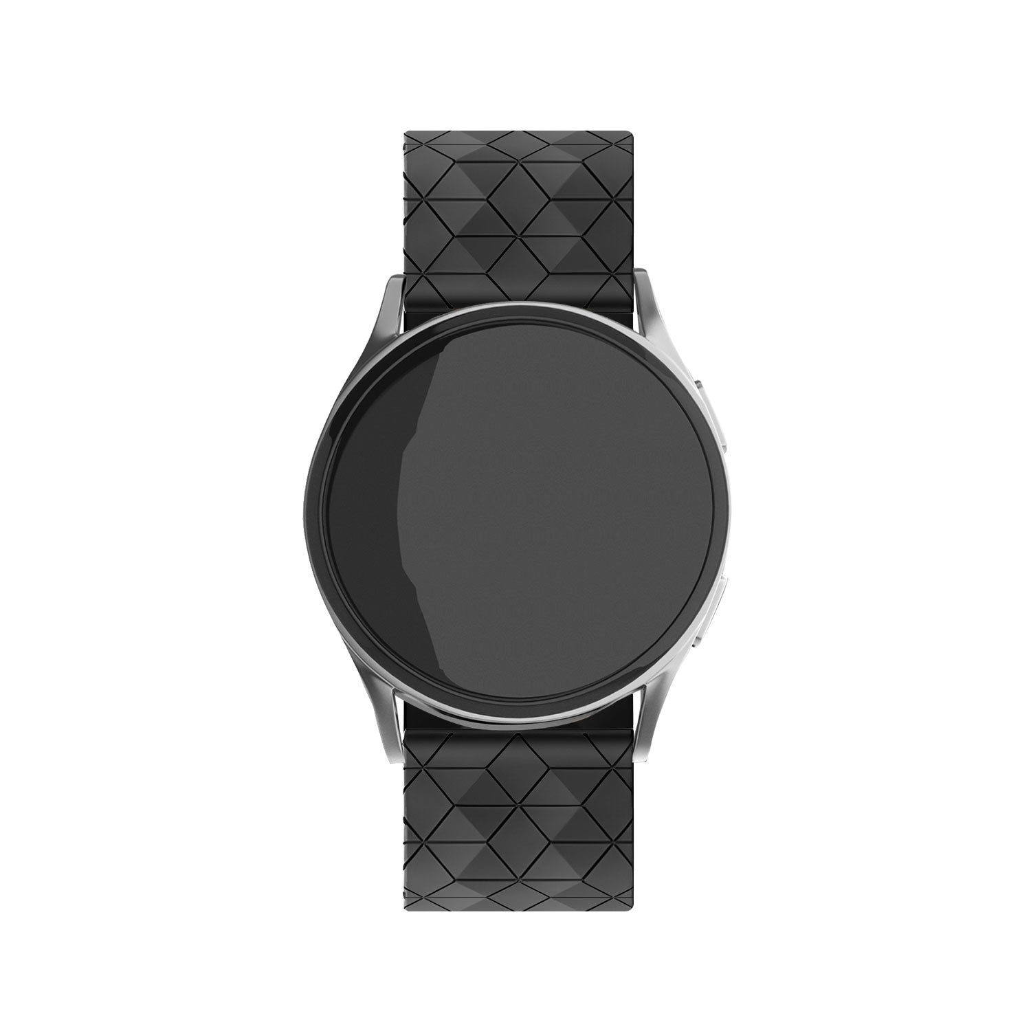 Eine schwarze Smartwatch mit silbernem Gehäuse und schwarzem strukturiertem Armband, auf weißem Hintergrund.