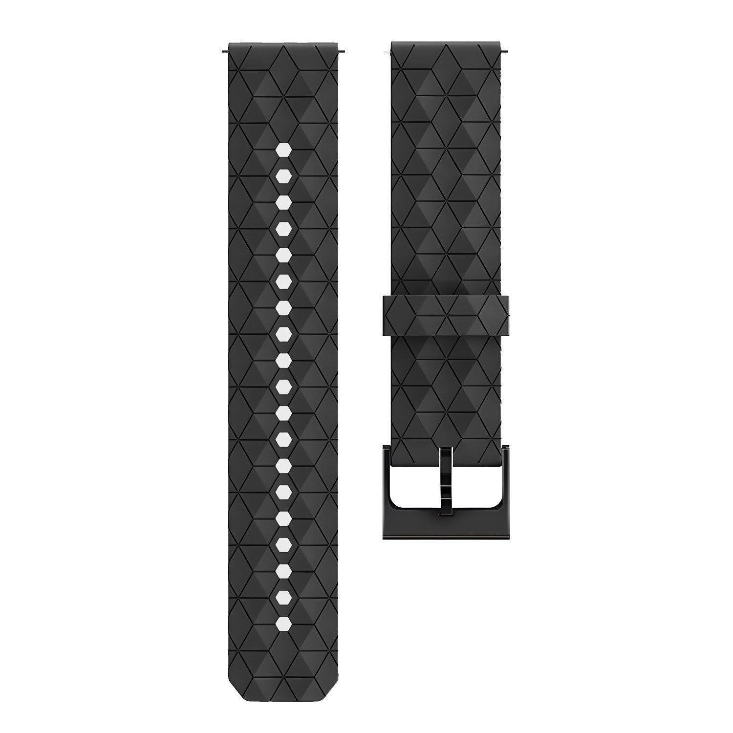 Zwei schwarze Uhrenarmbänder mit geometrischem Muster. Eines hat Löcher, das andere eine Schnalle. Beide vor weißem Hintergrund.