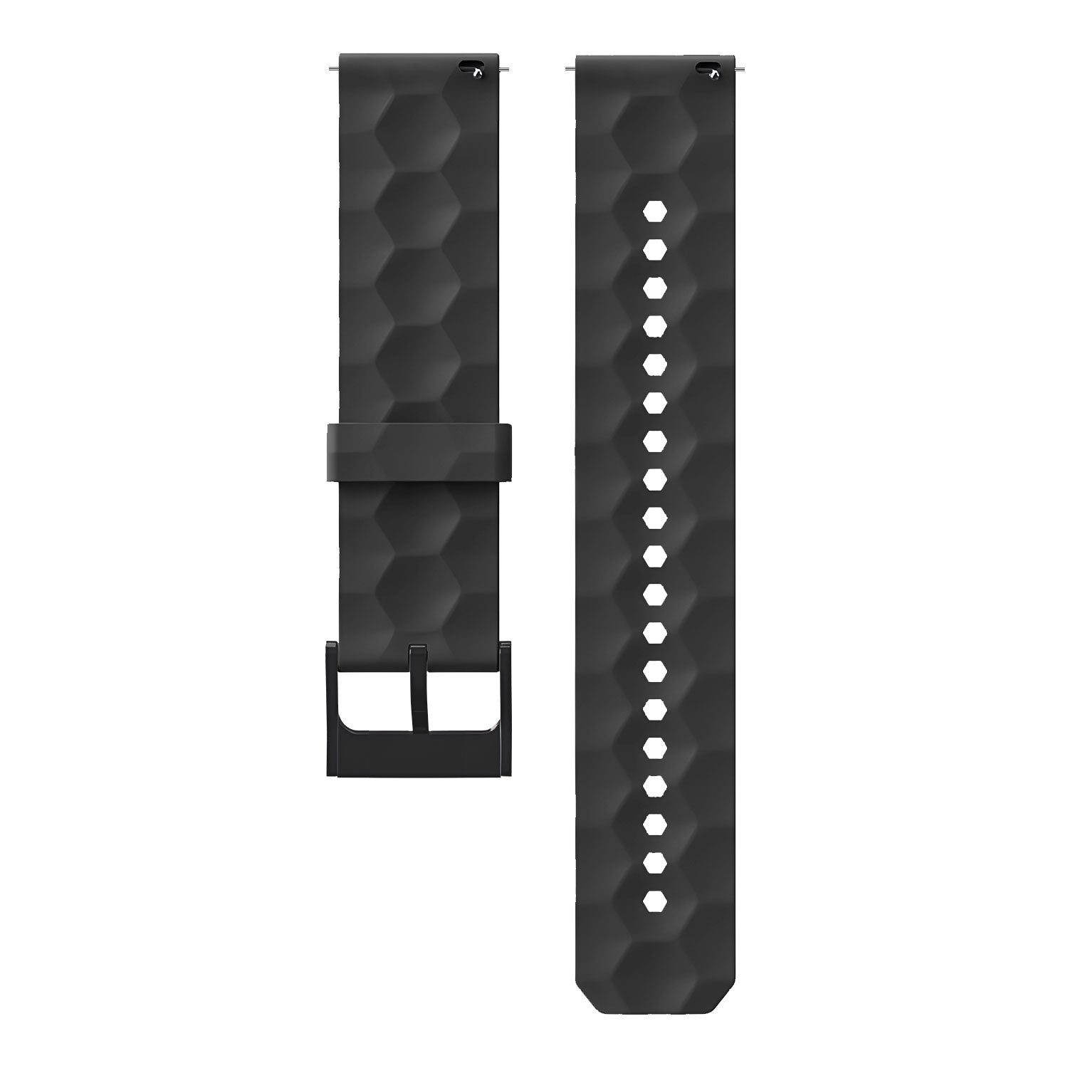 Zwei schwarze Uhrenarmbänder. Eines hat eine Schnalle, das andere Löcher. Beide haben ein Wabenmuster.