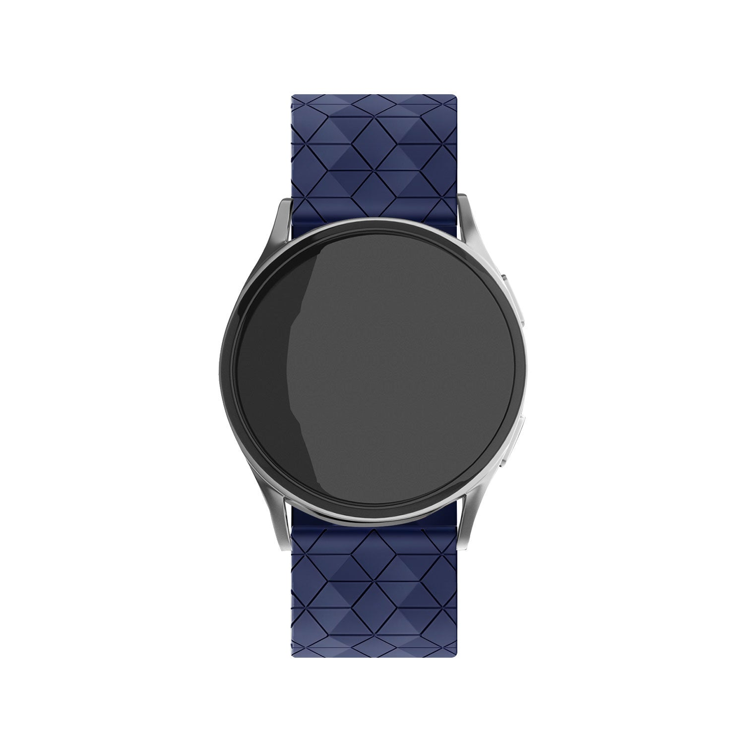 Eine silberne Smartwatch mit schwarzem Bildschirm und dunkelblauem, gemustertem Armband, vor weißem Hintergrund.