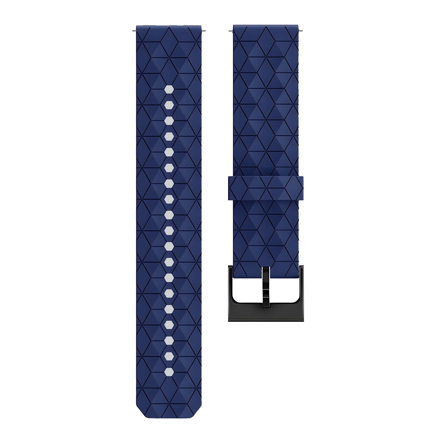 Zwei dunkelblaue Uhrenarmbänder mit geometrischen Mustern auf weißem Hintergrund. Ein Armband hat Löcher, das andere eine Schnalle.
