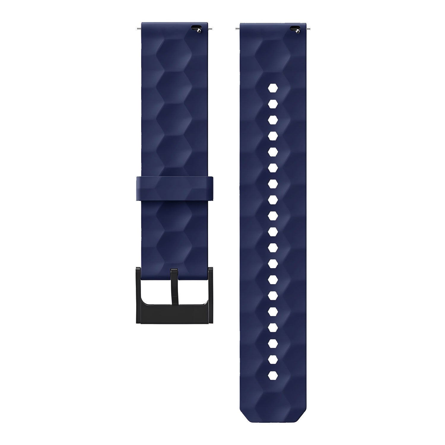 Zwei dunkelblaue Uhrenarmbänder mit geometrischem Muster. Eines hat eine schwarze Schnalle. Weißer Hintergrund.