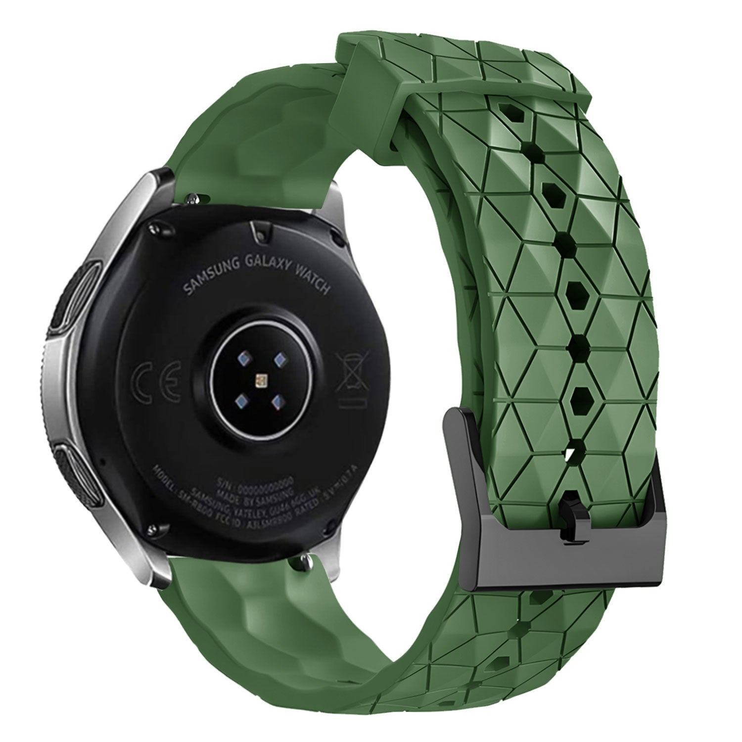 Eine Samsung Galaxy Watch mit grünem Armband. Das Armband hat ein geometrisches Muster und eine schwarze Schnalle. Die Uhr ist schwarz und silber.