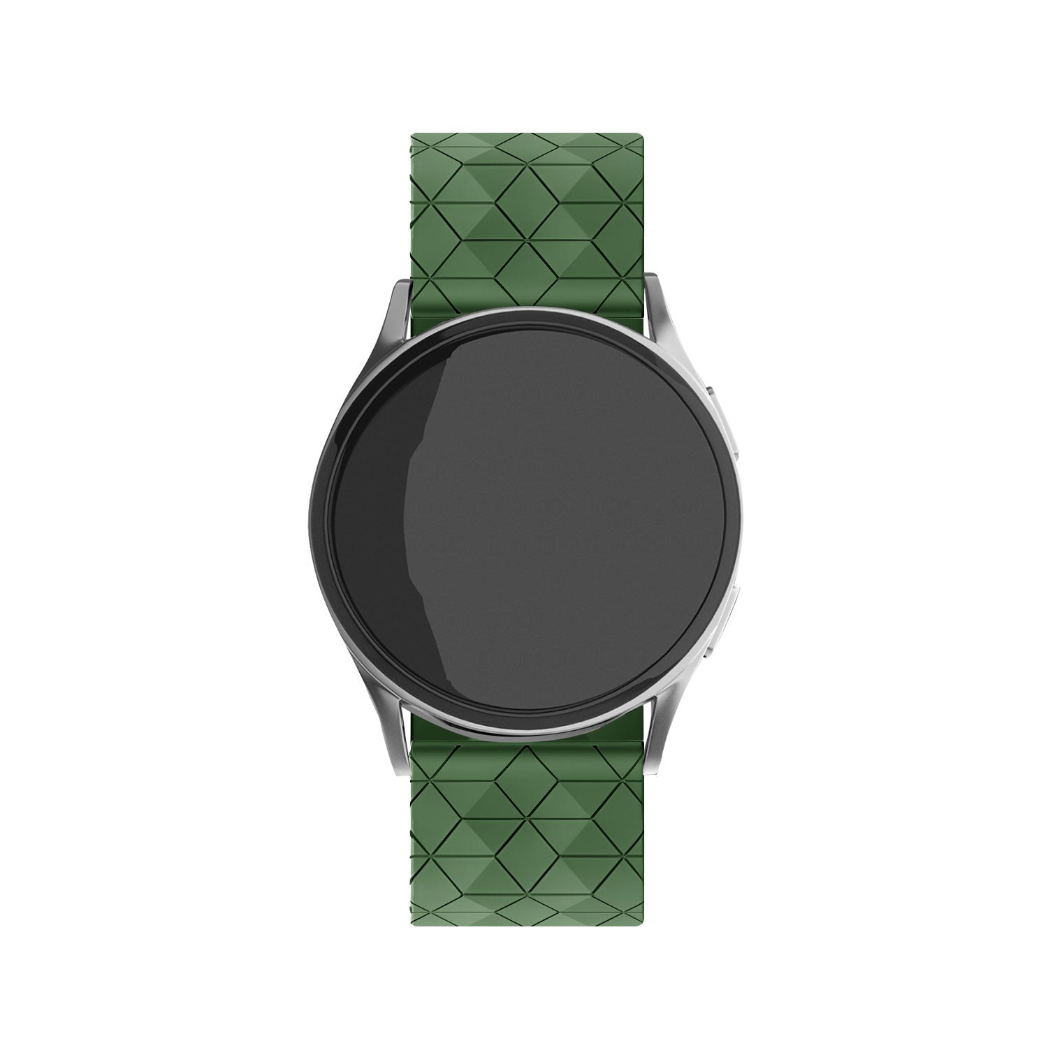 Eine Smartwatch mit rundem schwarzem Bildschirm und silberner Lünette. Sie hat ein grünes Armband mit geometrischem Muster. Der Hintergrund ist weiß.
