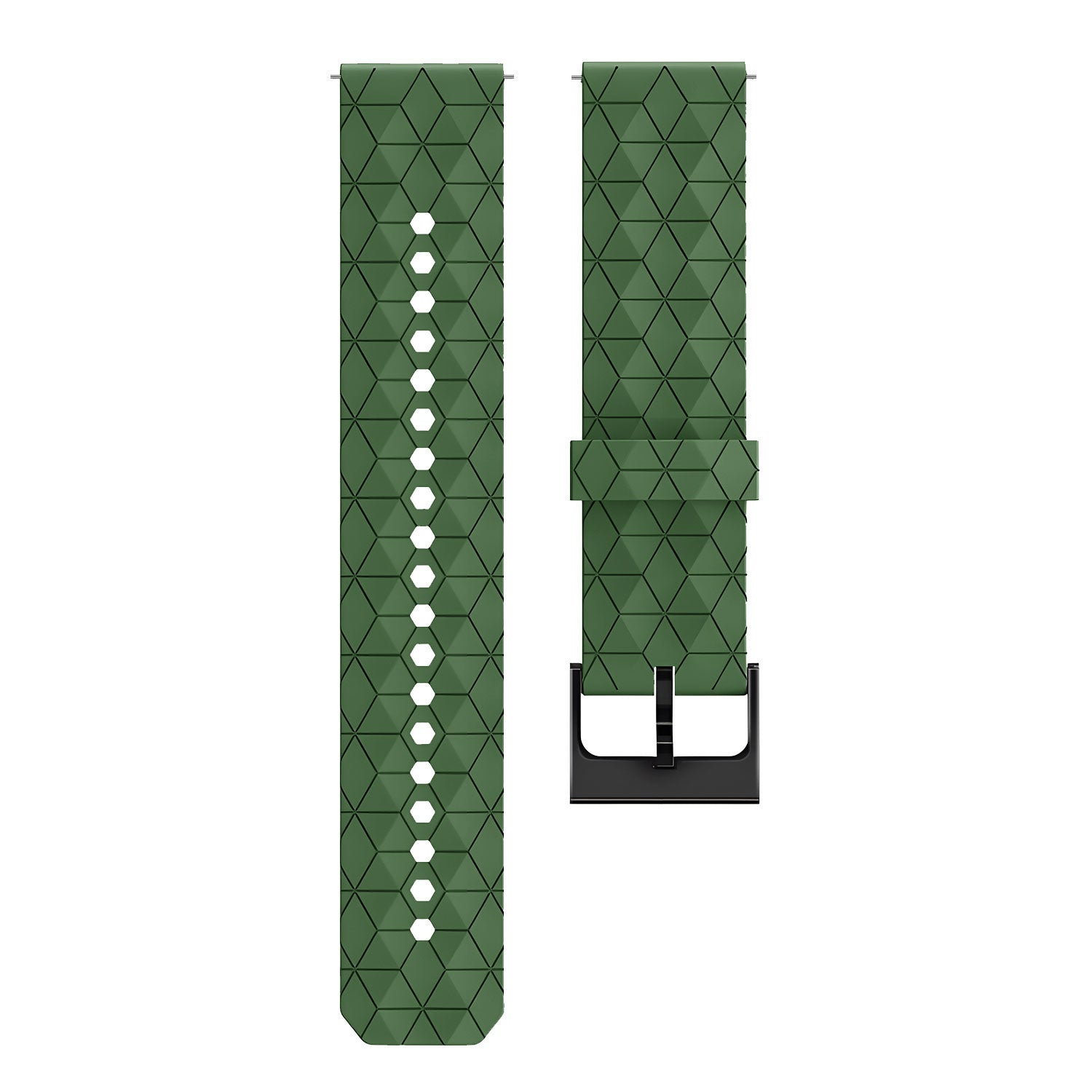Zwei grüne Uhrenarmbänder mit geometrischem Muster. Ein Armband hat Löcher, das andere eine schwarze Schließe.