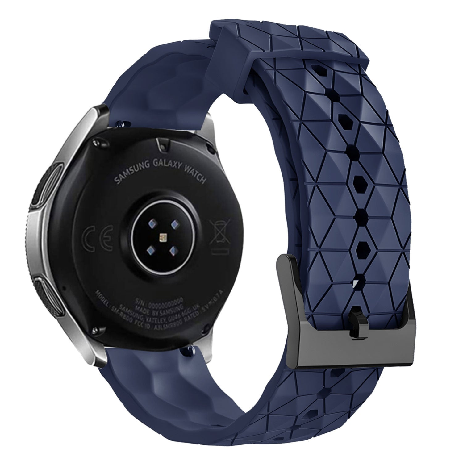 Eine marineblaue Samsung Galaxy Watch mit passendem gemusterten Armband und schwarzer Schließe. Die Rückseite der Uhr ist sichtbar.