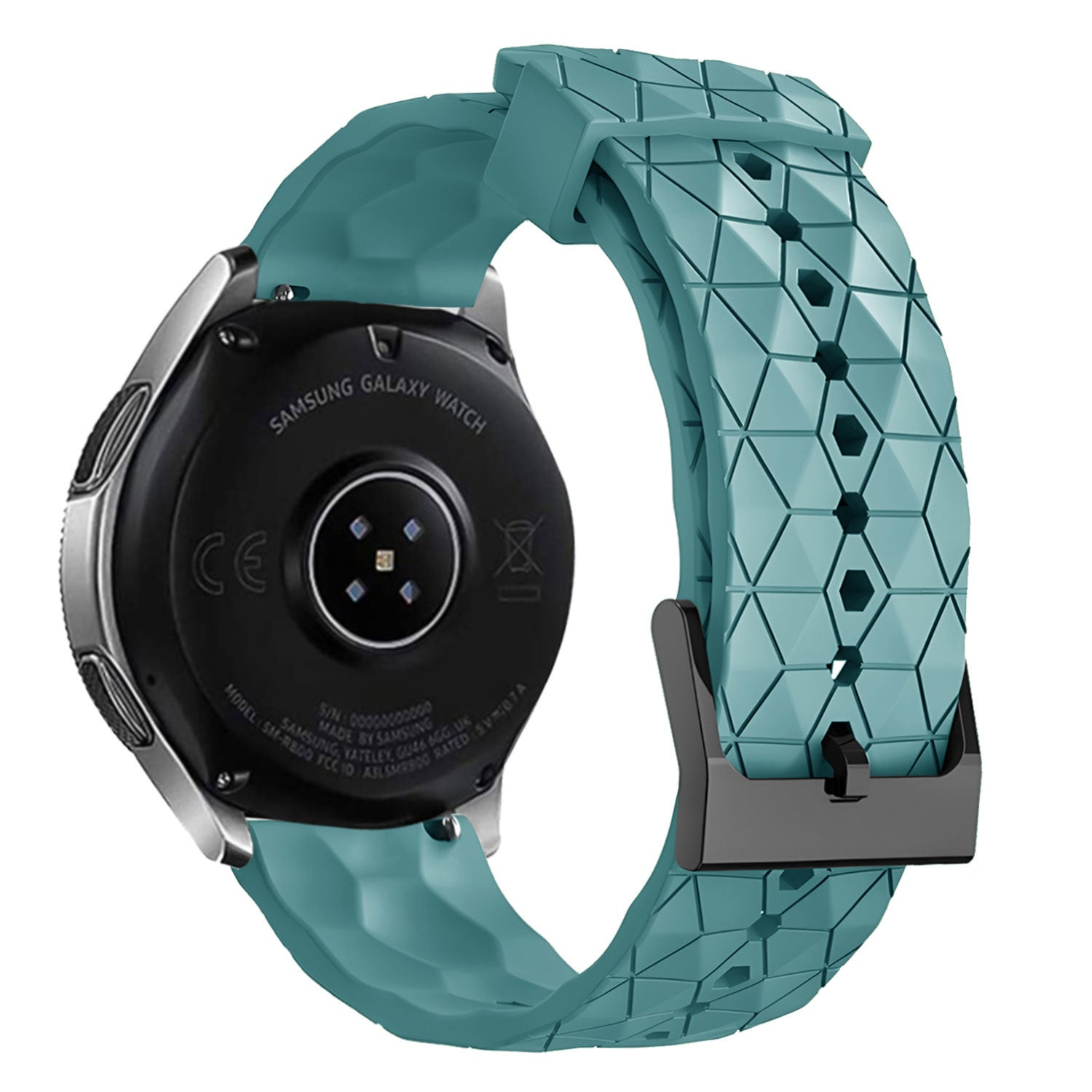 Eine Samsung Galaxy Watch mit tealfarbenem geometrischem Armband wird gezeigt. Die Uhr ist schwarz, silber und teal, mit schwarzer Schnalle.