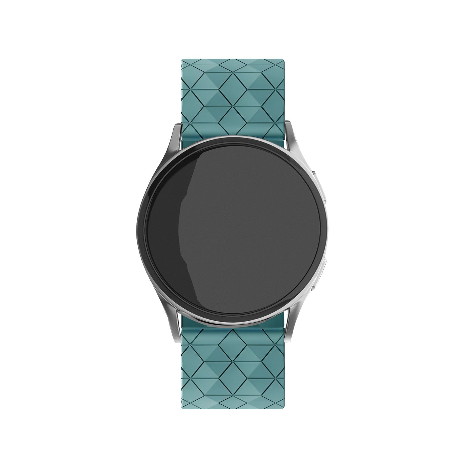 Eine silberne Smartwatch mit schwarzem Bildschirm und tealfarbenem Armband mit Rautenmuster. Die Uhr ist mittig vor weißem Hintergrund.