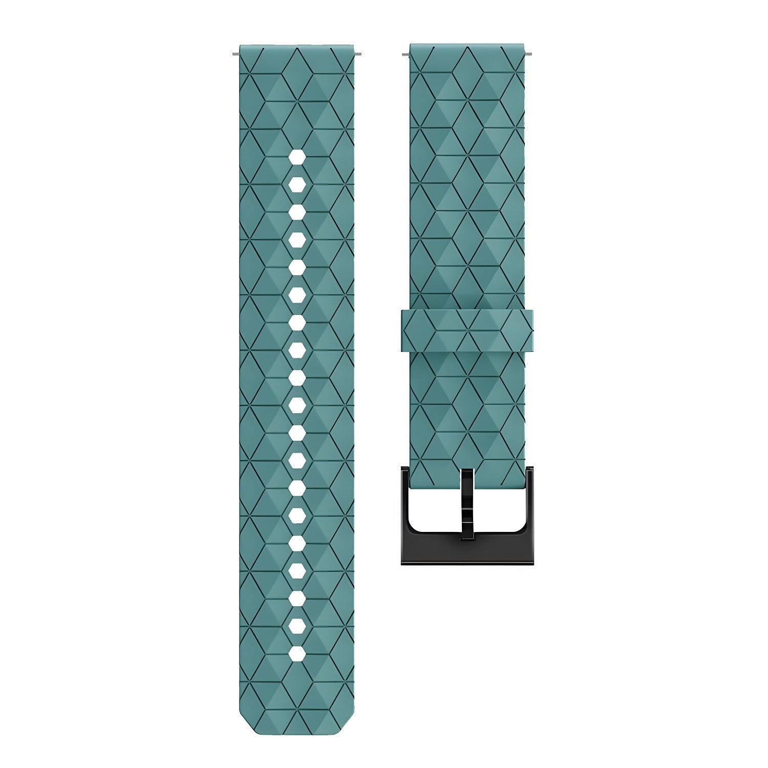 Zwei Armbänder, teal mit geometrischem Muster, schwarze Schnalle. Ein Armband hat Löcher, das andere eine Schnalle. Weißer Hintergrund.