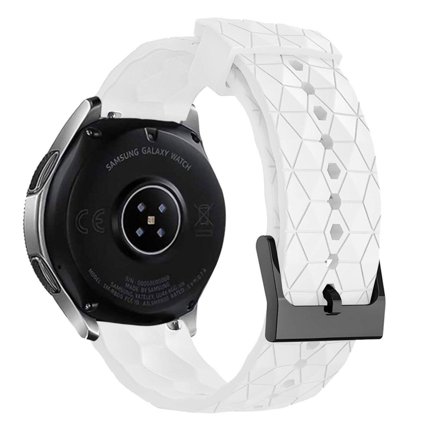 Eine Samsung Galaxy Watch mit weißem Armband wird gezeigt. Die schwarze Rückseite der Uhr und ein weißes Armband mit schwarzer Schnalle sind sichtbar.