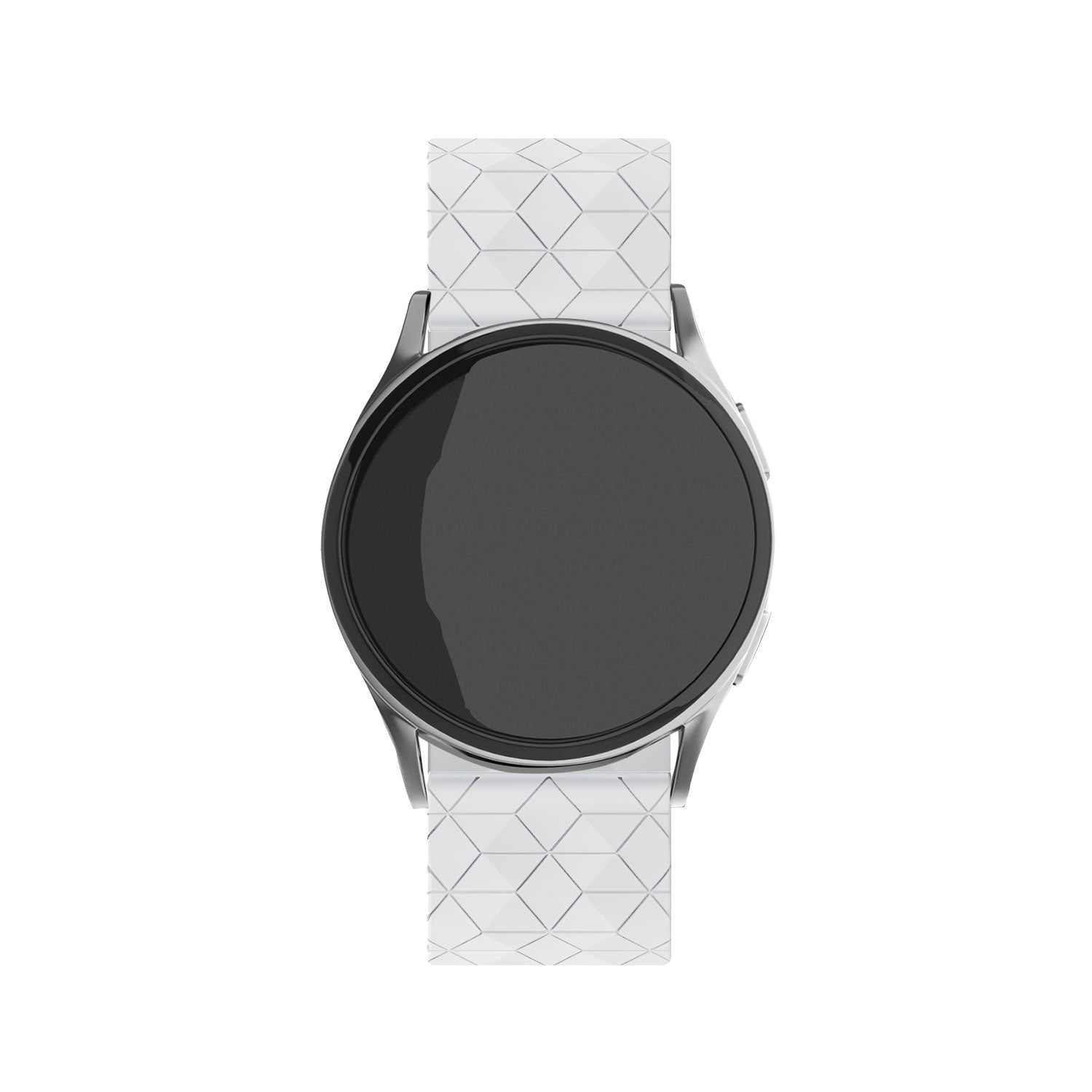 Eine Smartwatch mit schwarzem Bildschirm, silberner Lünette und weißem Armband mit geometrischem Muster auf weißem Hintergrund.