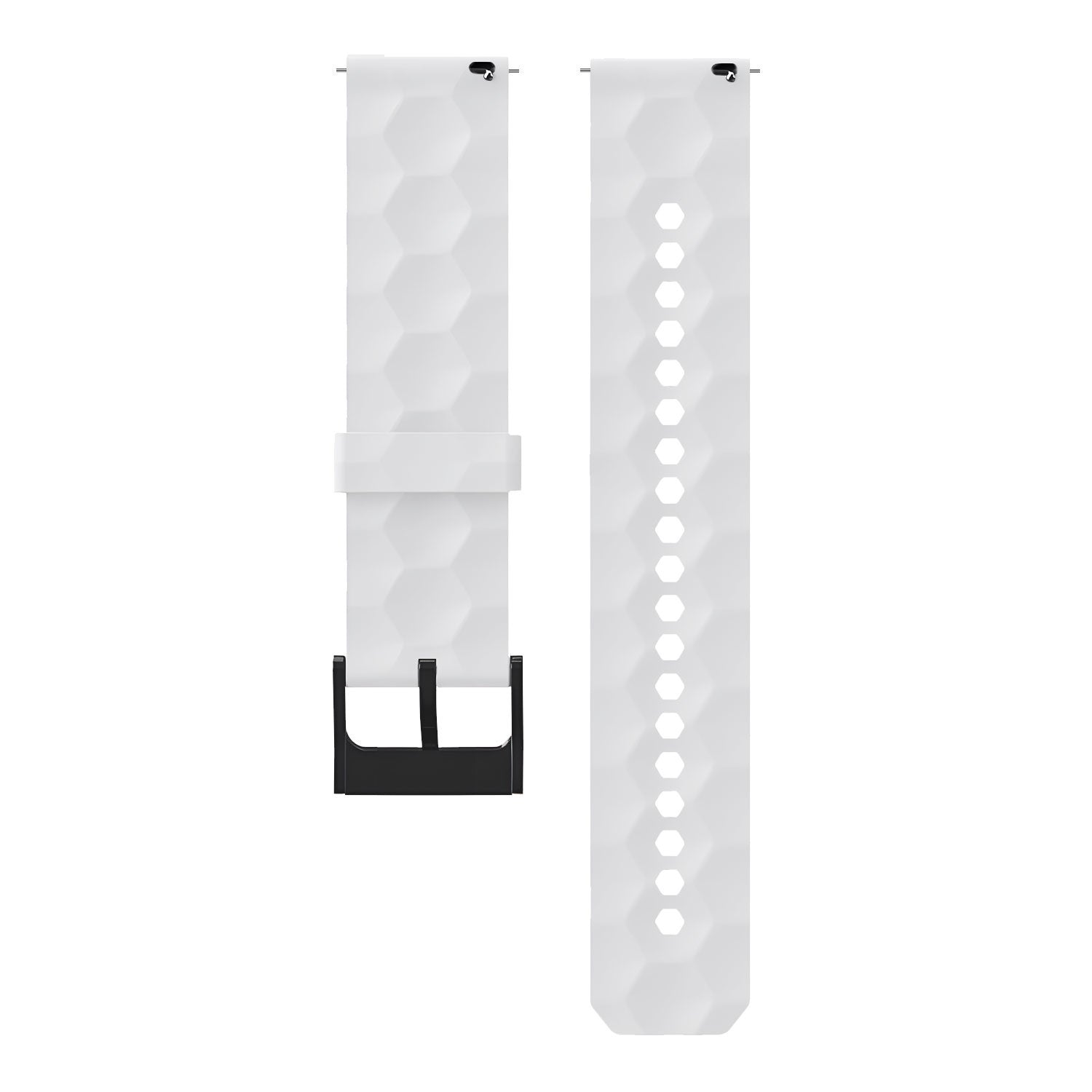 Weißes Uhrenarmband mit geometrischem Muster und schwarzer Schnalle. Ein Teil hat Löcher, der andere eine Schnalle.