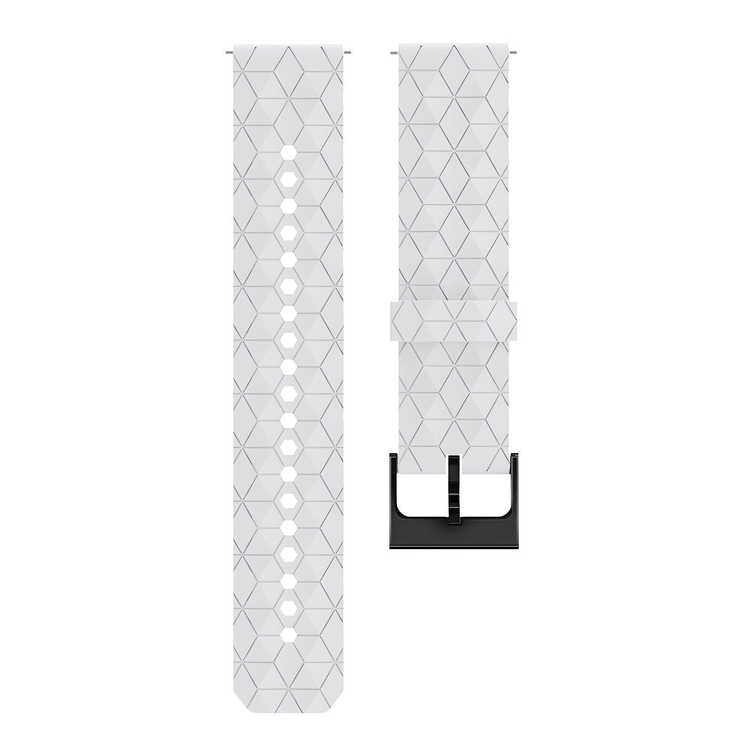 Zwei weiße Armbänder mit geometrischen Mustern. Ein Armband hat Löcher, das andere eine schwarze Schnalle. Der Hintergrund ist weiß.