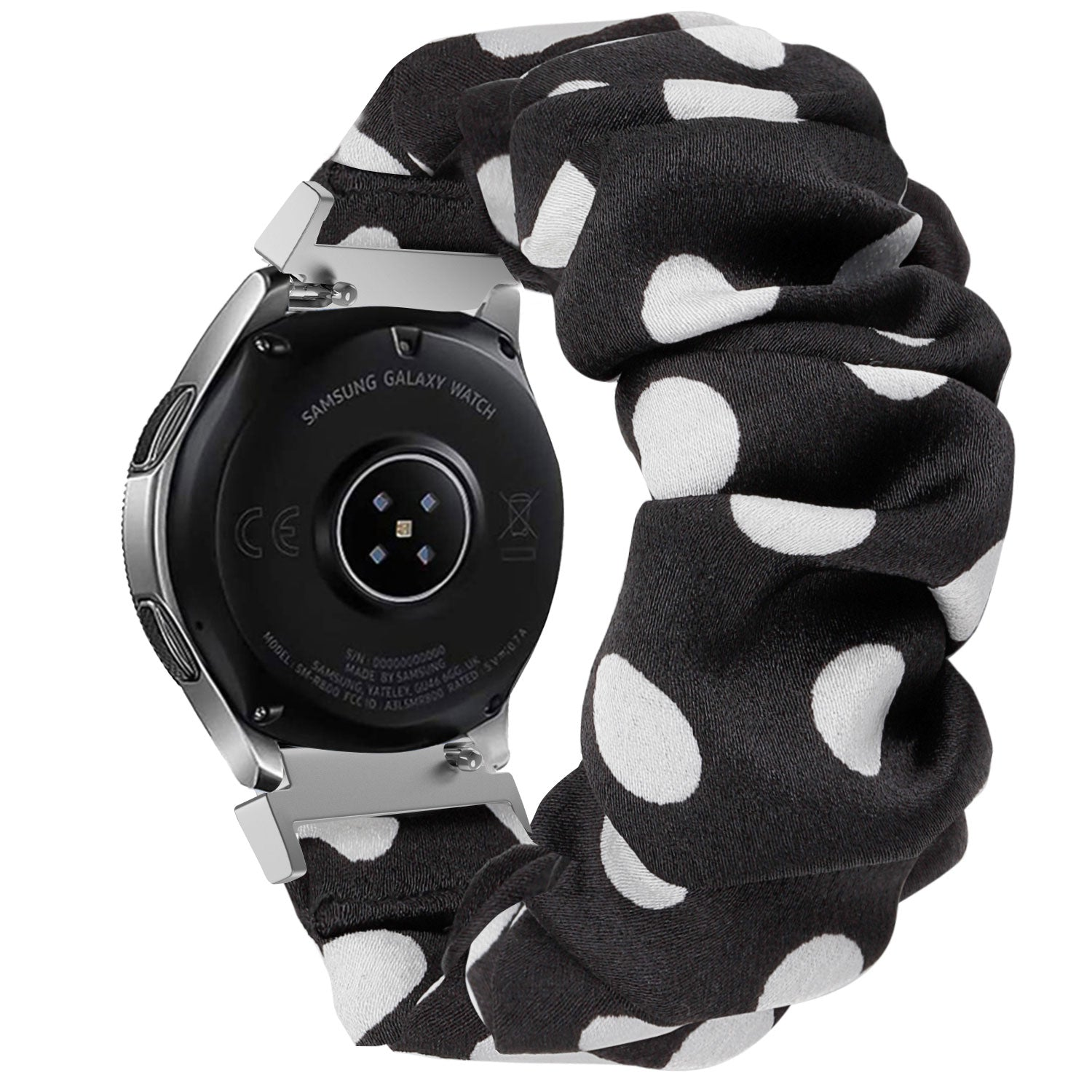 Eine Samsung Galaxy Watch mit einem schwarzen und weißen Polka-Dot-Scrunchie-Band. Die Rückseite der Uhr ist sichtbar.