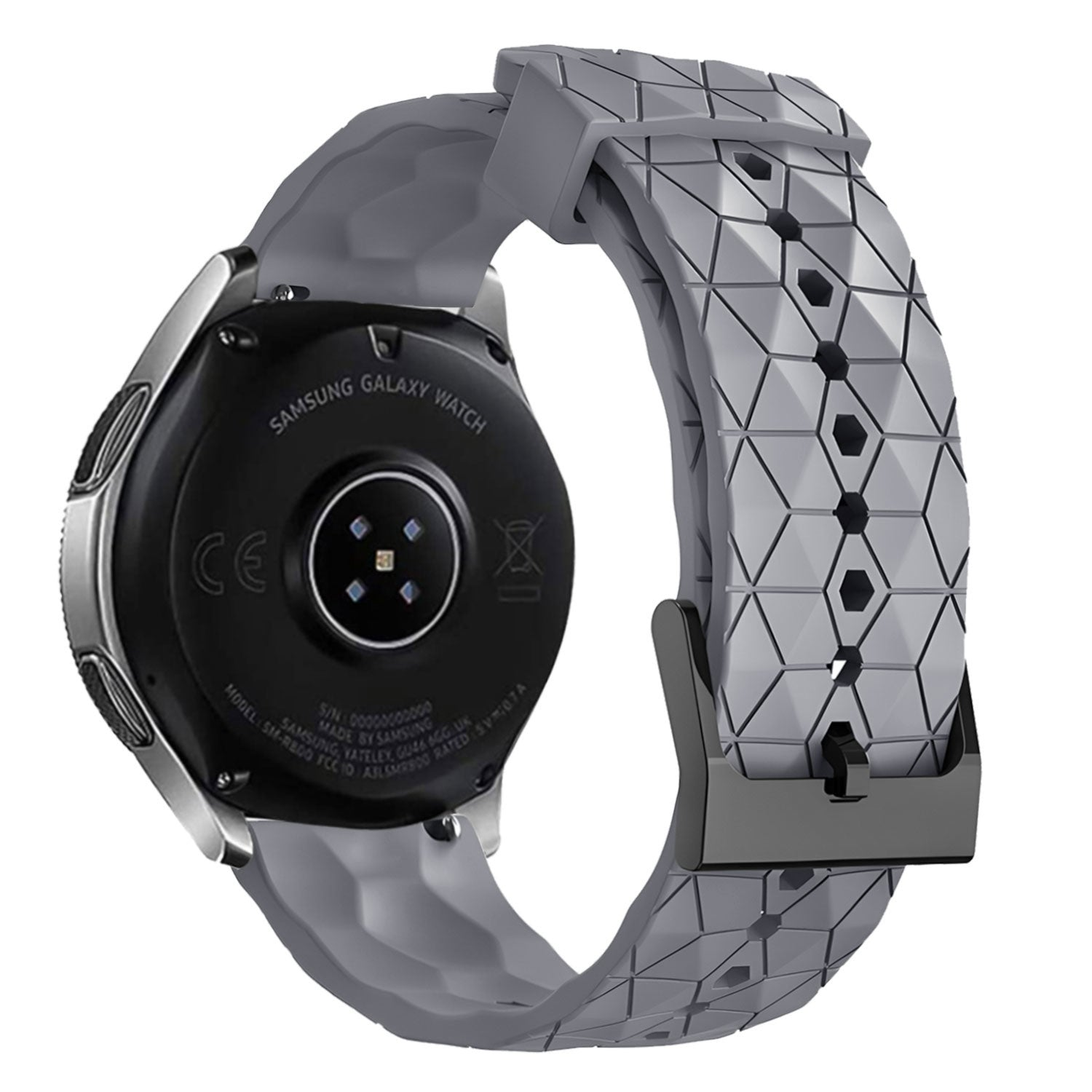 Eine Samsung Galaxy Smartwatch mit grauem geometrischen Armband, Rückseite mit Sensoren, und schwarzer Schnalle.