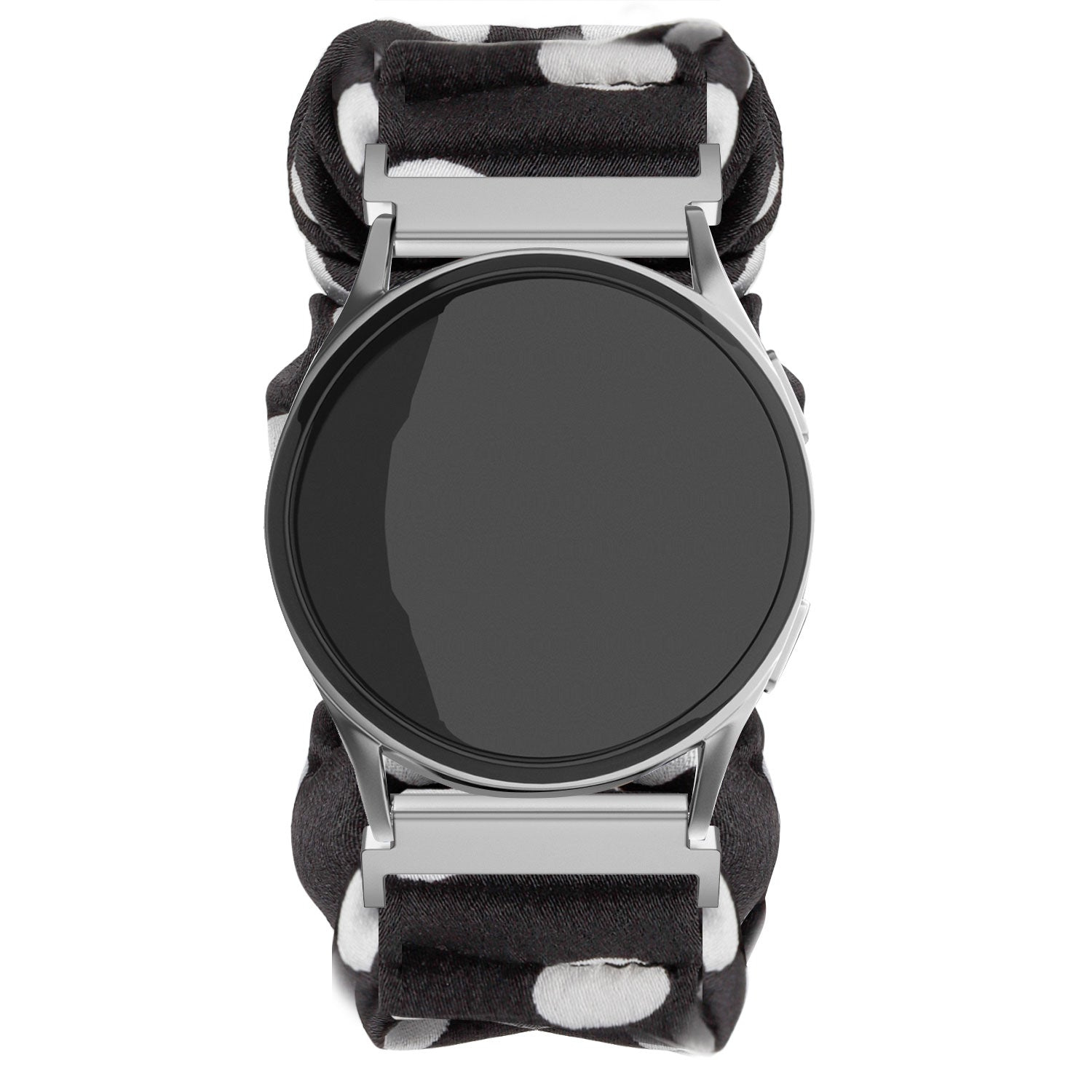 Eine runde, schwarze Smartwatch mit silberner Lünette und einem schwarz-weiß gepunkteten Armband. Der Bildschirm ist schwarz.
