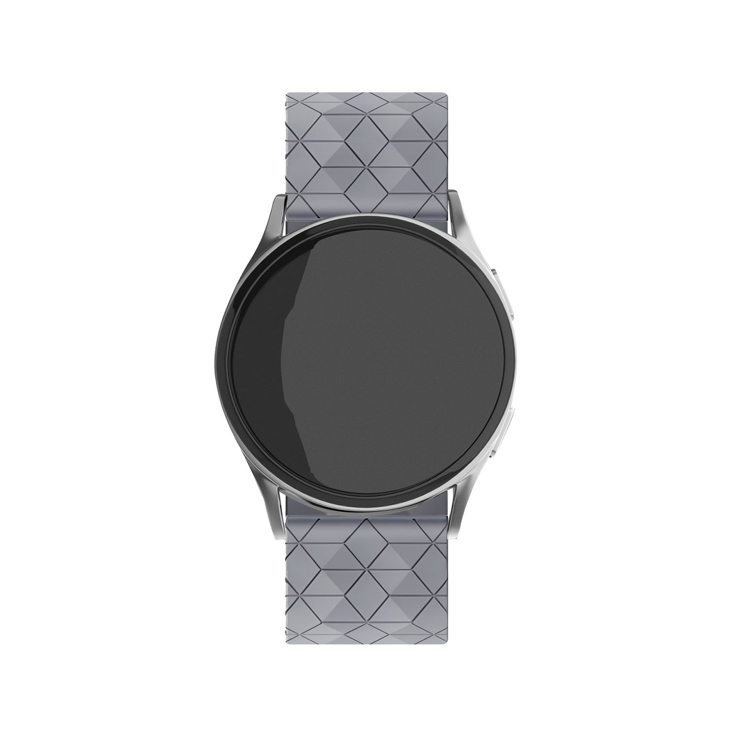 Eine Smartwatch mit rundem schwarzem Bildschirm und hellgrauem Armband mit geometrischem Muster, vor weißem Hintergrund.