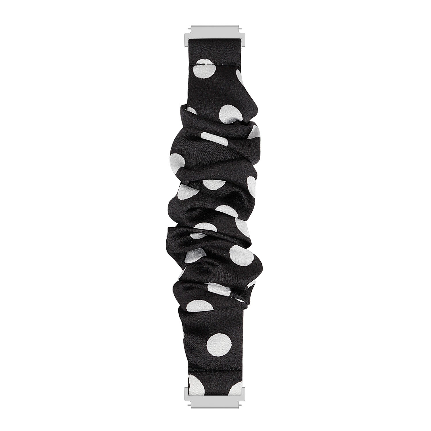 Schwarzes Uhrenarmband mit weißen Tupfen. Das Band ist gerafft und hat silberne Aufsätze an beiden Enden.