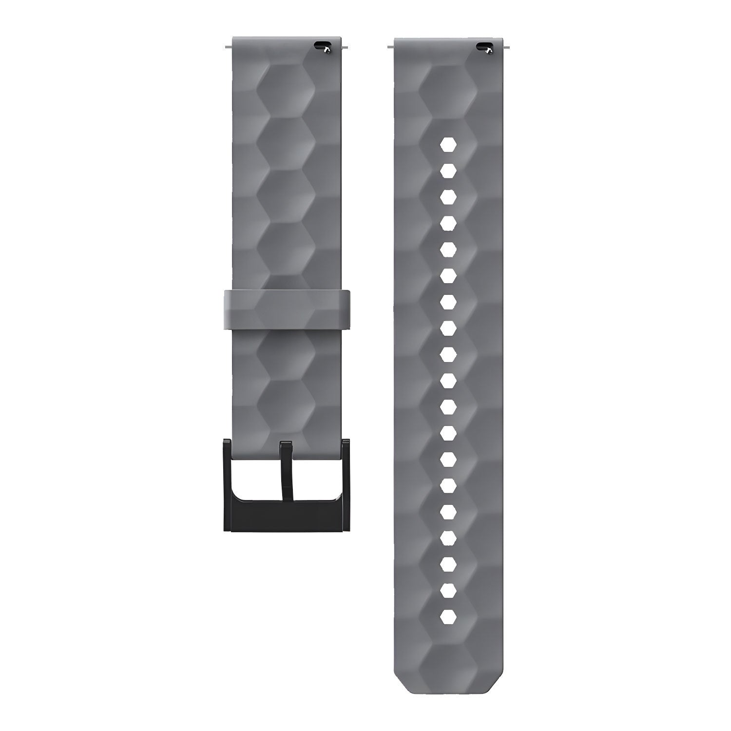 Zwei graue Uhrenarmbänder. Eines hat eine schwarze Schnalle, das andere Löcher. Beide haben ein sechseckiges Muster auf weißem Hintergrund.